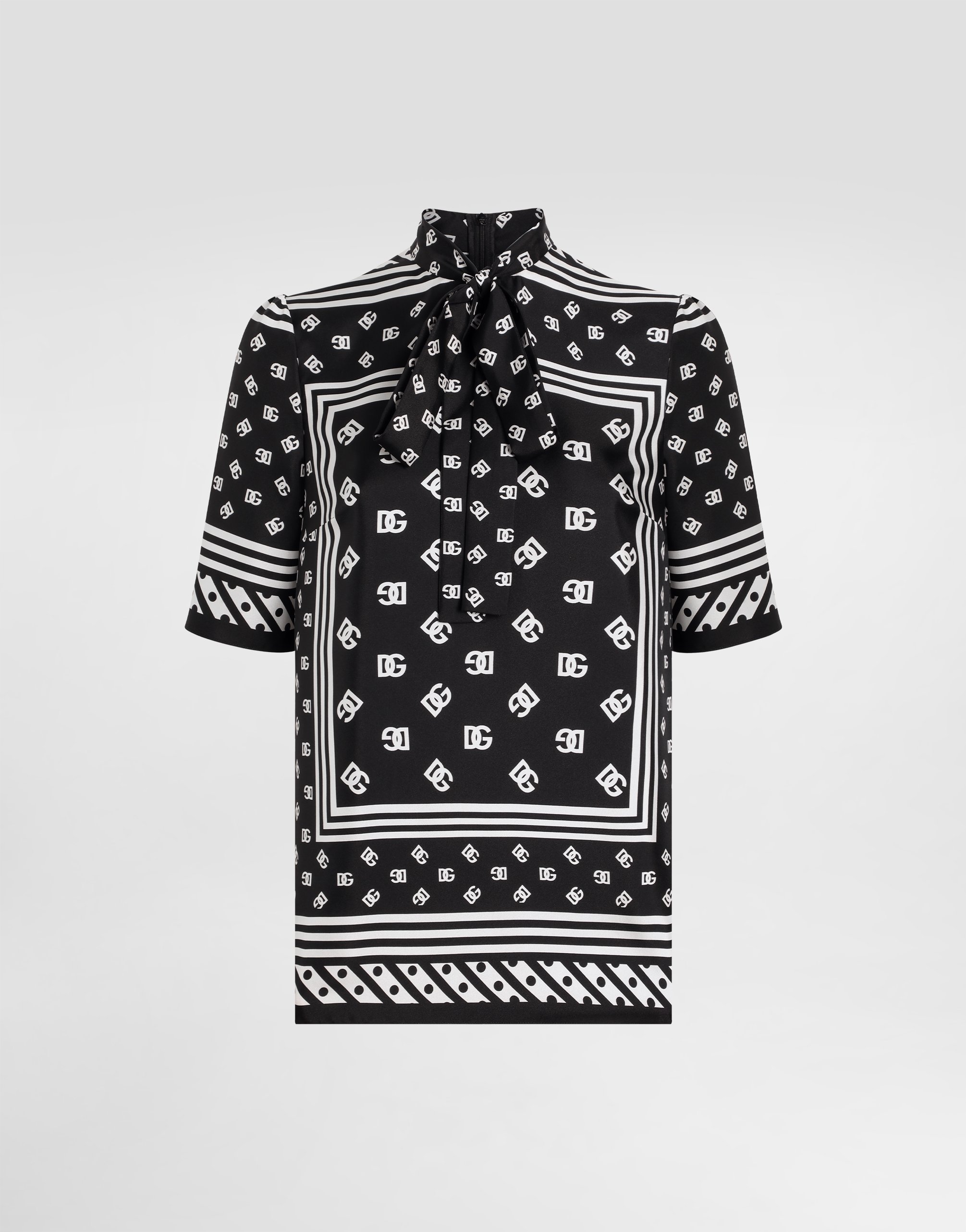 Dolce & Gabbana Short-sleeved Silk Blouse With Pussy-bow And All-over Dg Logo Scarf Print In Black