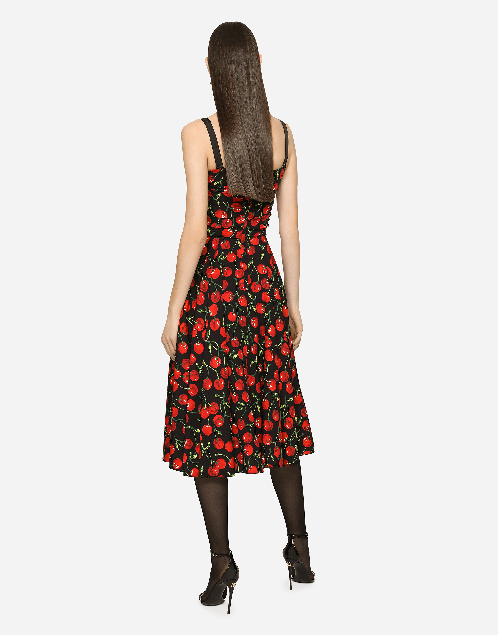 DOLCE & GABBANA CHERRY-PRINT CHARMEUSE CALF-LENGTH DRESS