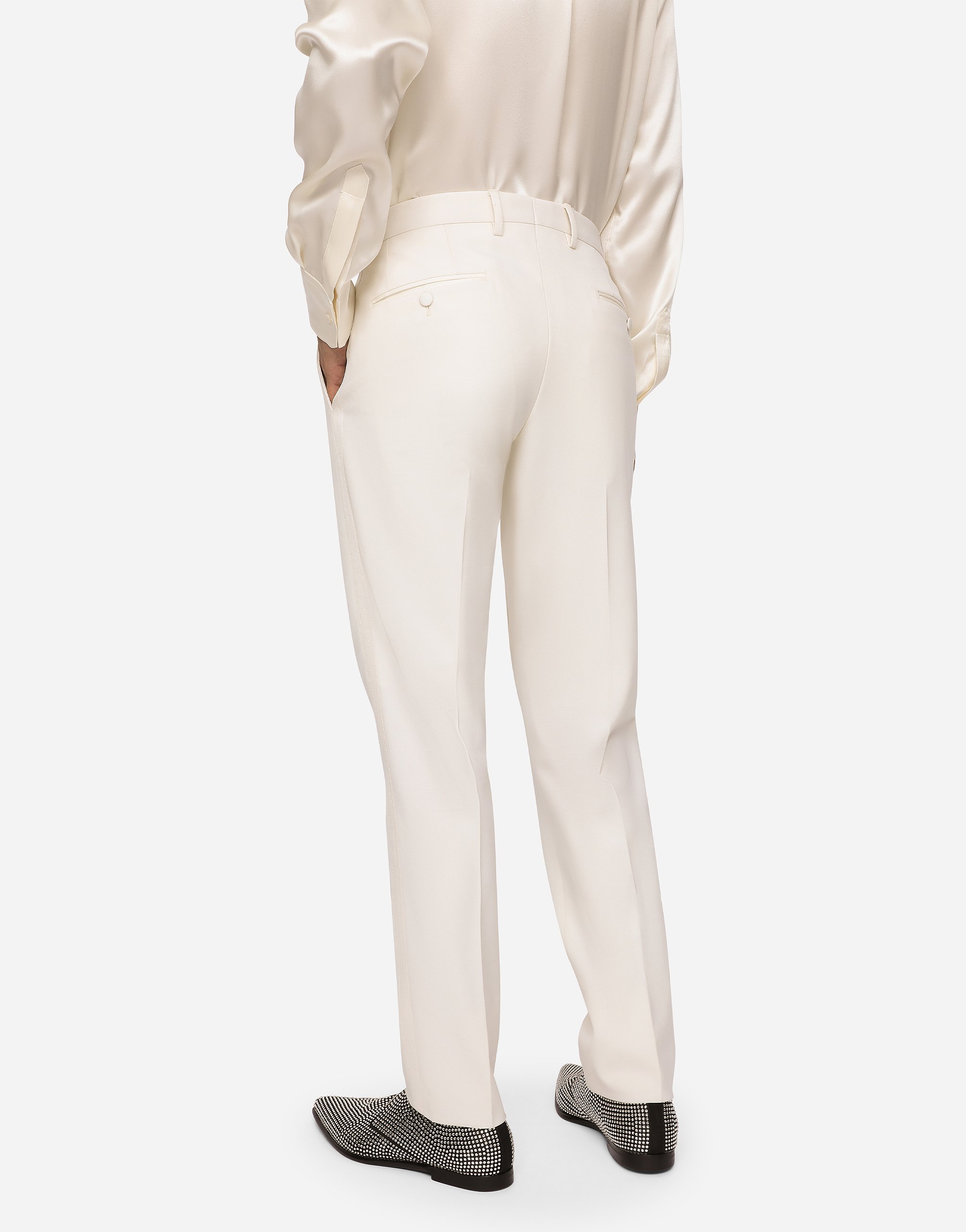 Dolce & Gabbana White Slim Pants With Covered Button In Wool And Silk Blend Man In White