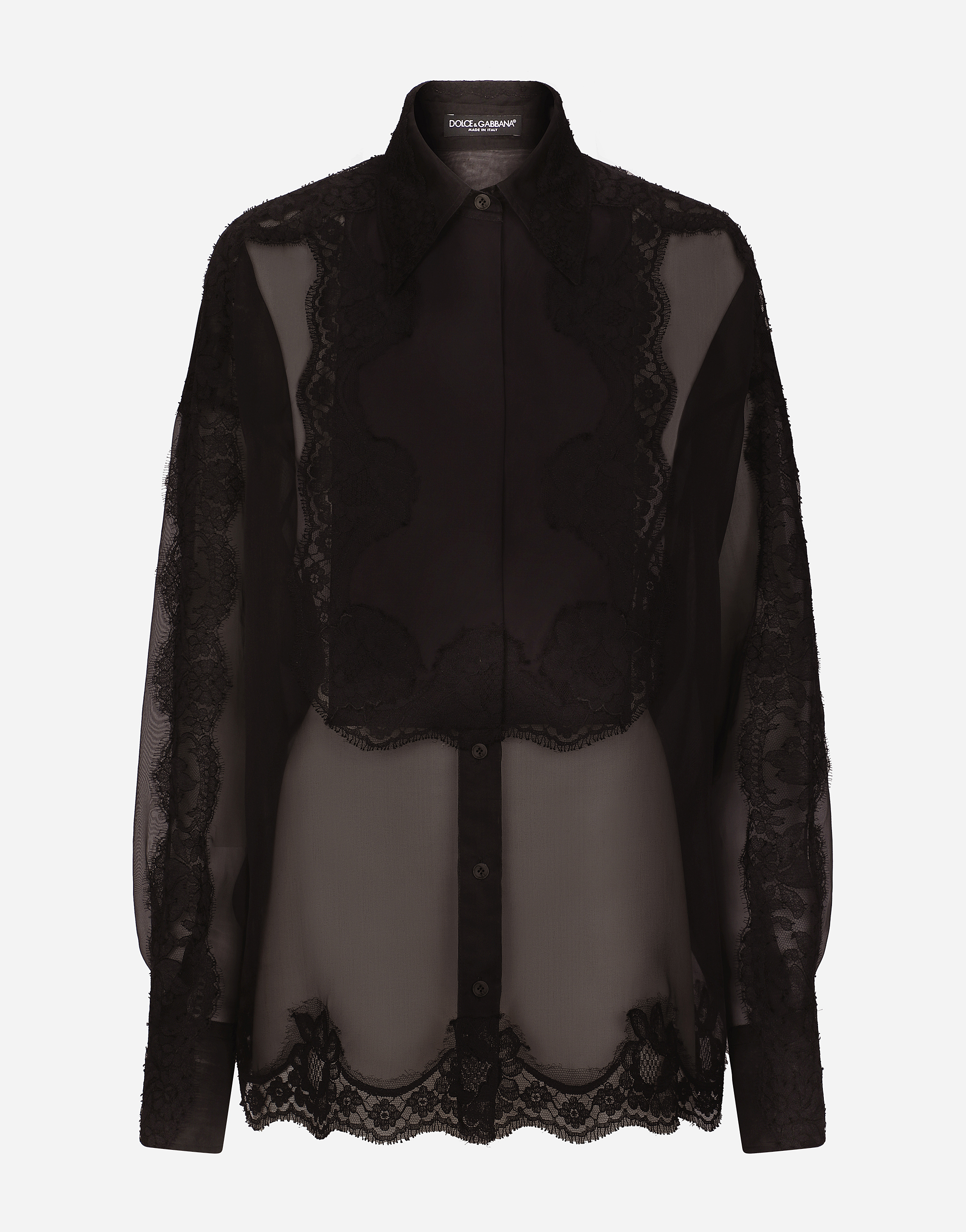 Dolce & Gabbana Organza Tuxedo Shirt With Lace Inserts In Black
