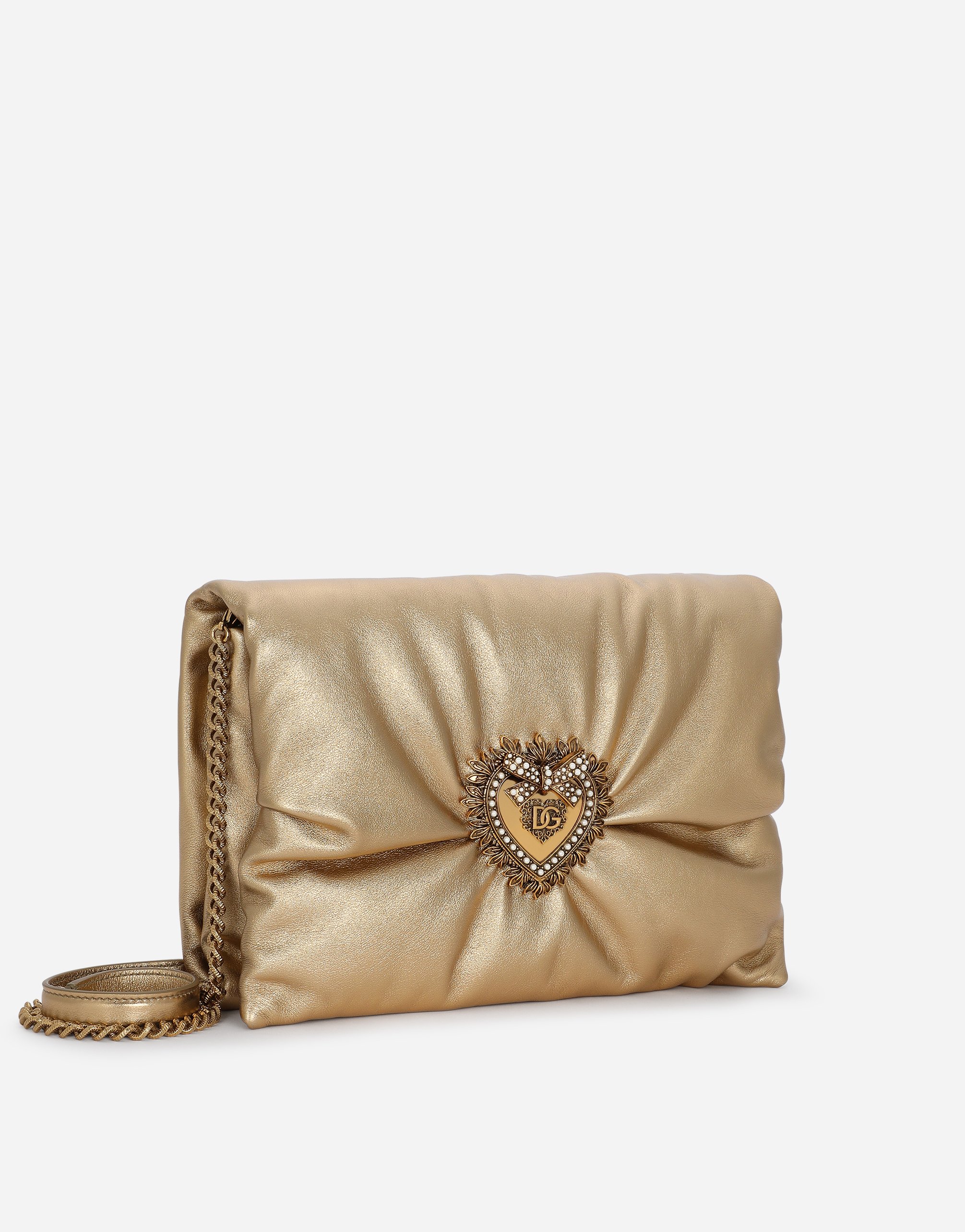 Shop Dolce & Gabbana Medium Foiled Calfskin Devotion Soft Bag In Gold