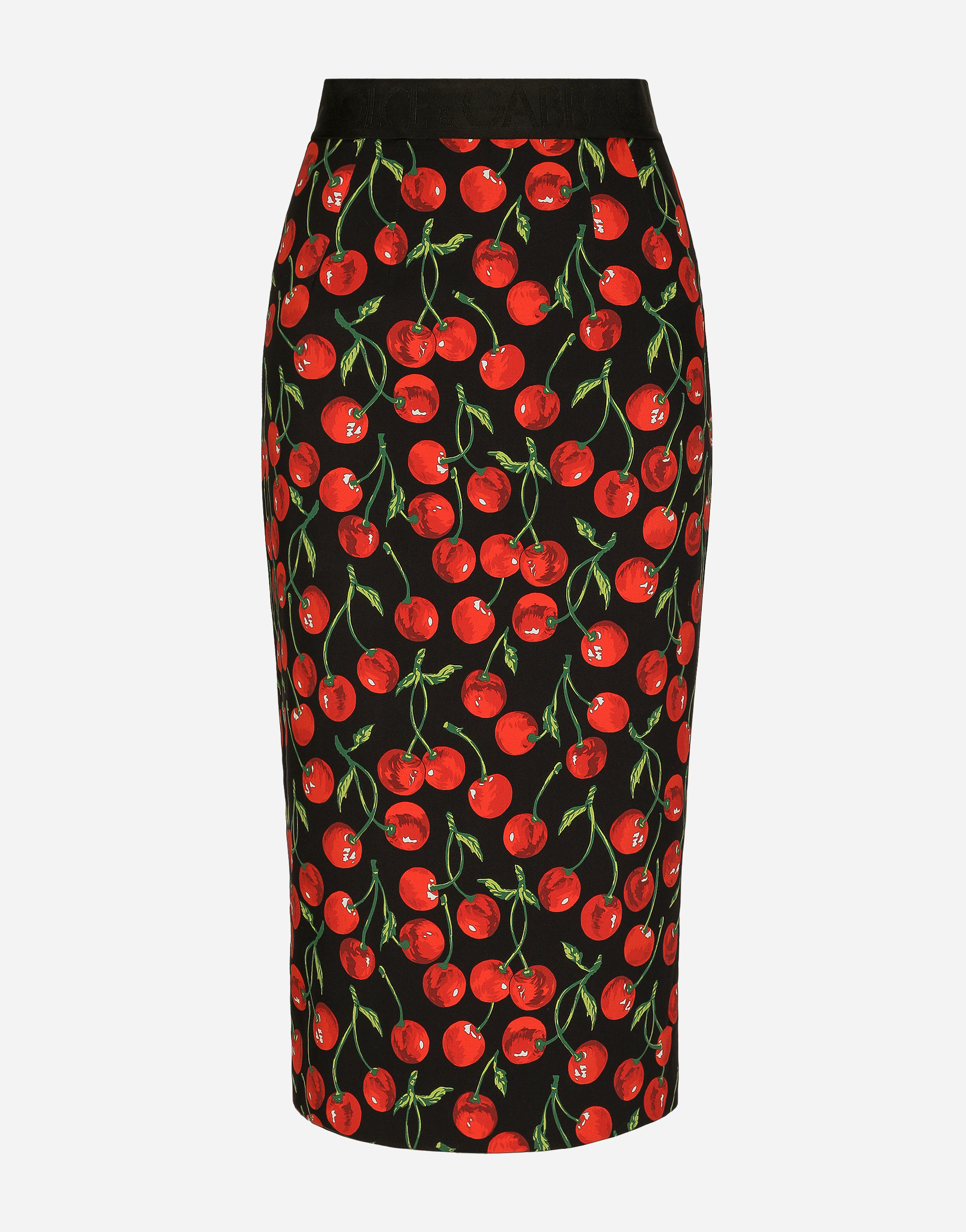 Dolce & Gabbana High-waisted Charmeuse Calf-length Skirt With Cherry Print In Multicolor