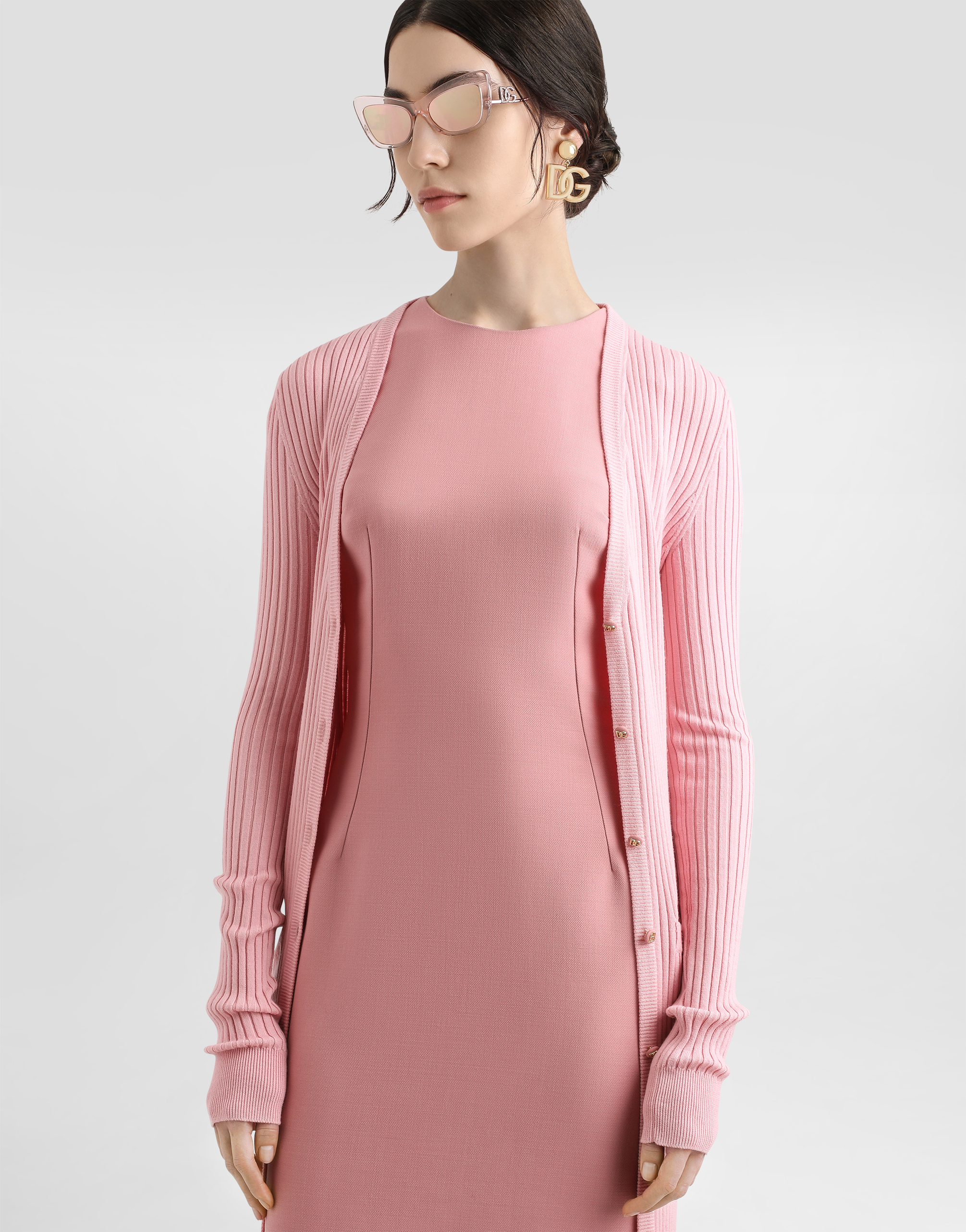 Dolce & Gabbana Long Ribbed Wool Cardigan In Pink