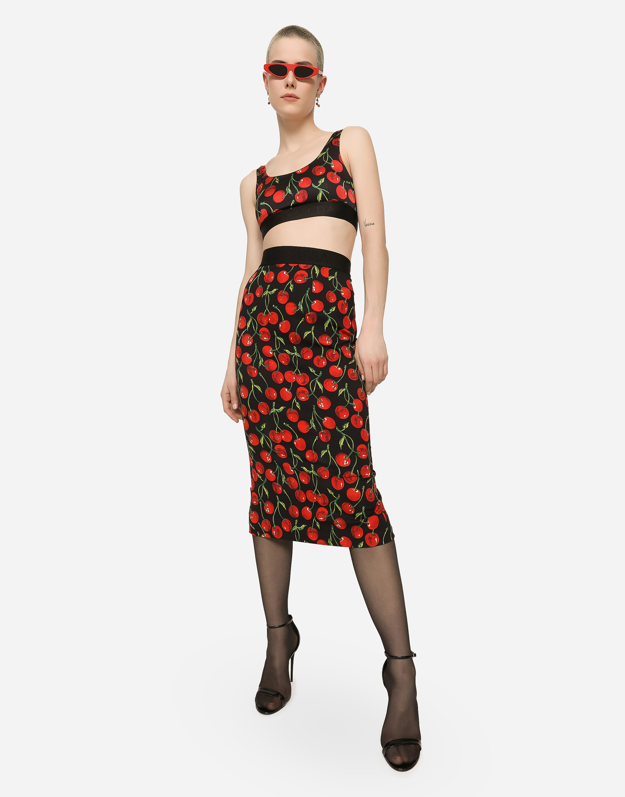 DOLCE & GABBANA HIGH-WAISTED CHARMEUSE CALF-LENGTH SKIRT WITH CHERRY PRINT