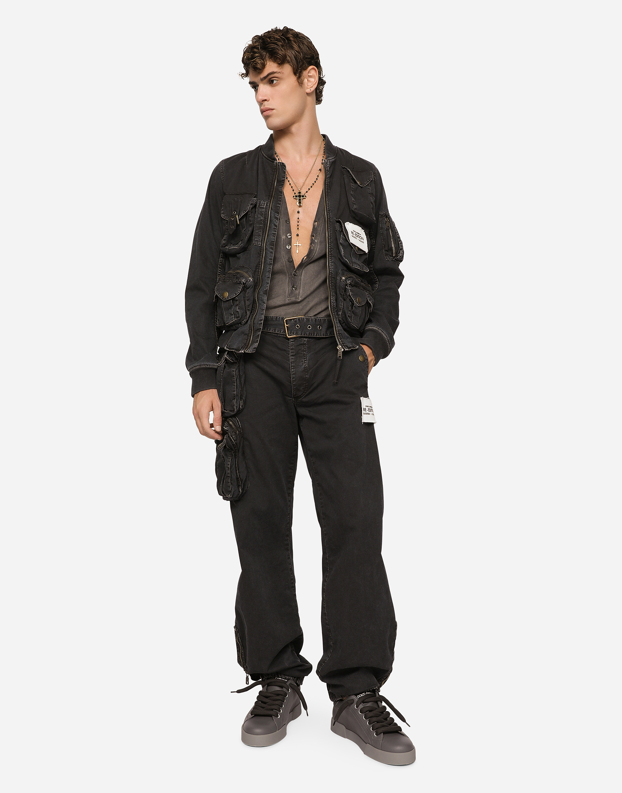 DOLCE & GABBANA GARMENT-DYED COTTON JACKET WITH MULTIPLE POCKETS