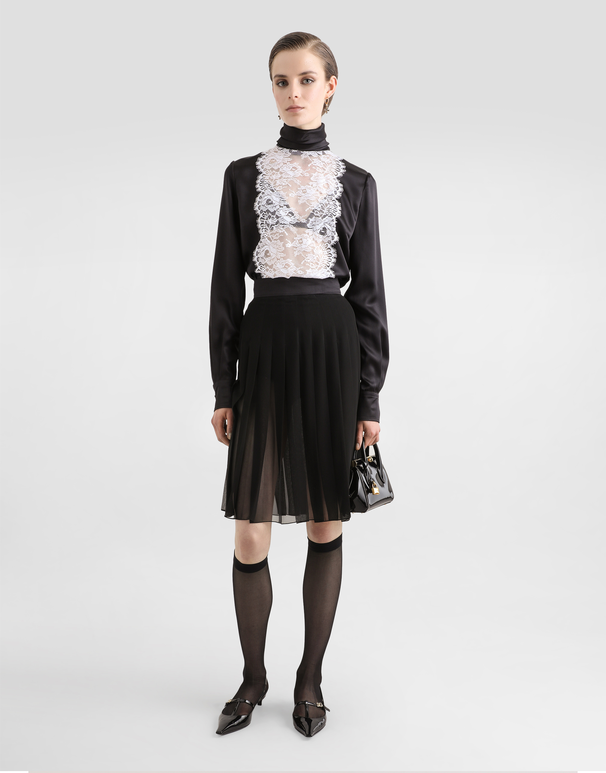 Dolce & Gabbana Satin Sack Top With Lace Shirt Front In Black