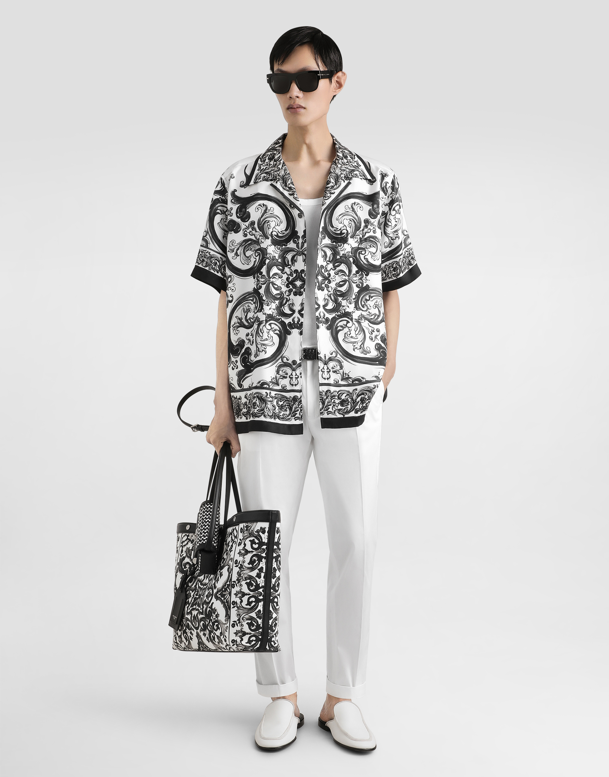 Dolce & Gabbana Maiolica Black And White Bowling Shirt With Cuban Collar And All-over Print In Silk Man In Black