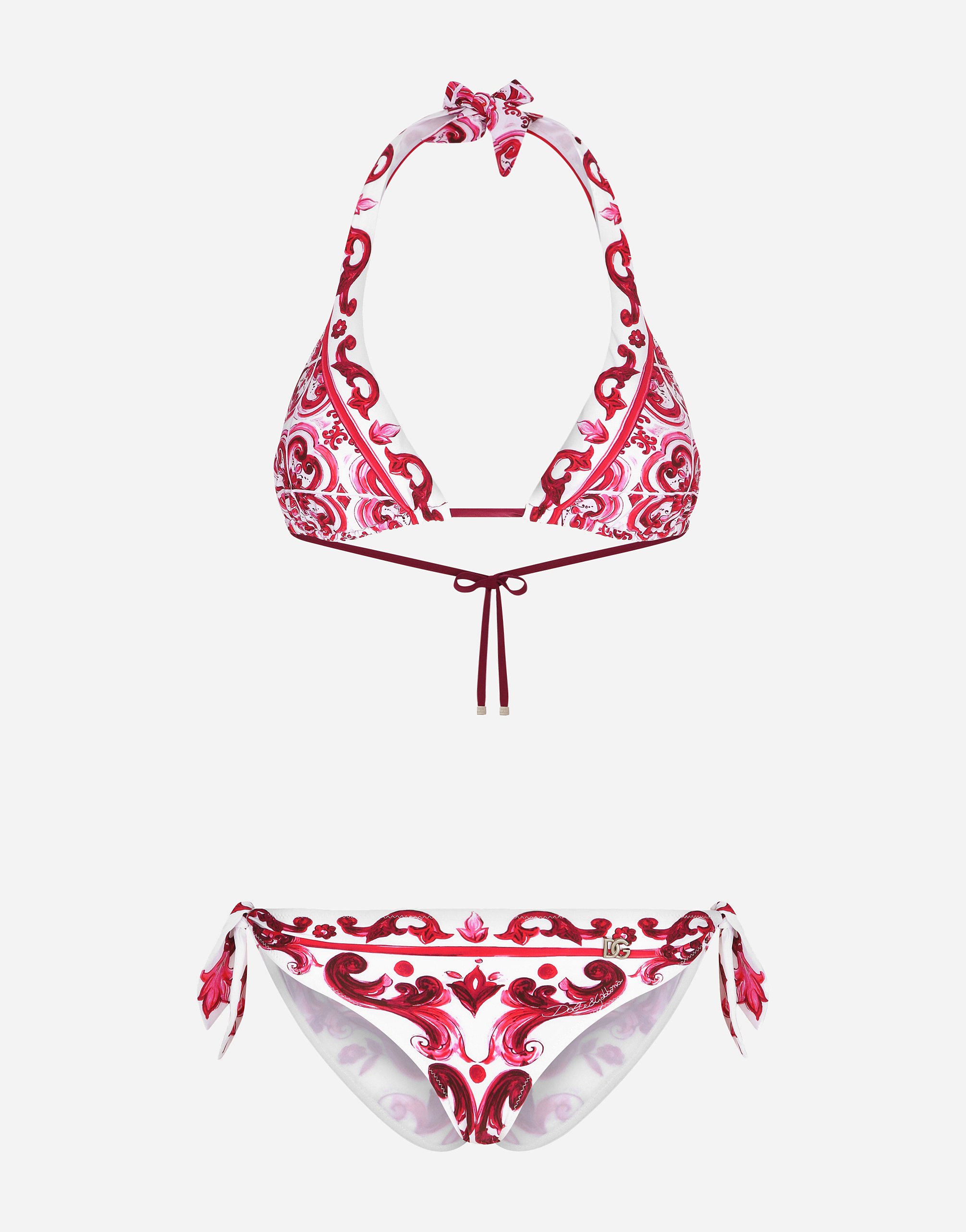 Dolce & Gabbana Padded Triangle Bikini With Majolica Print In White