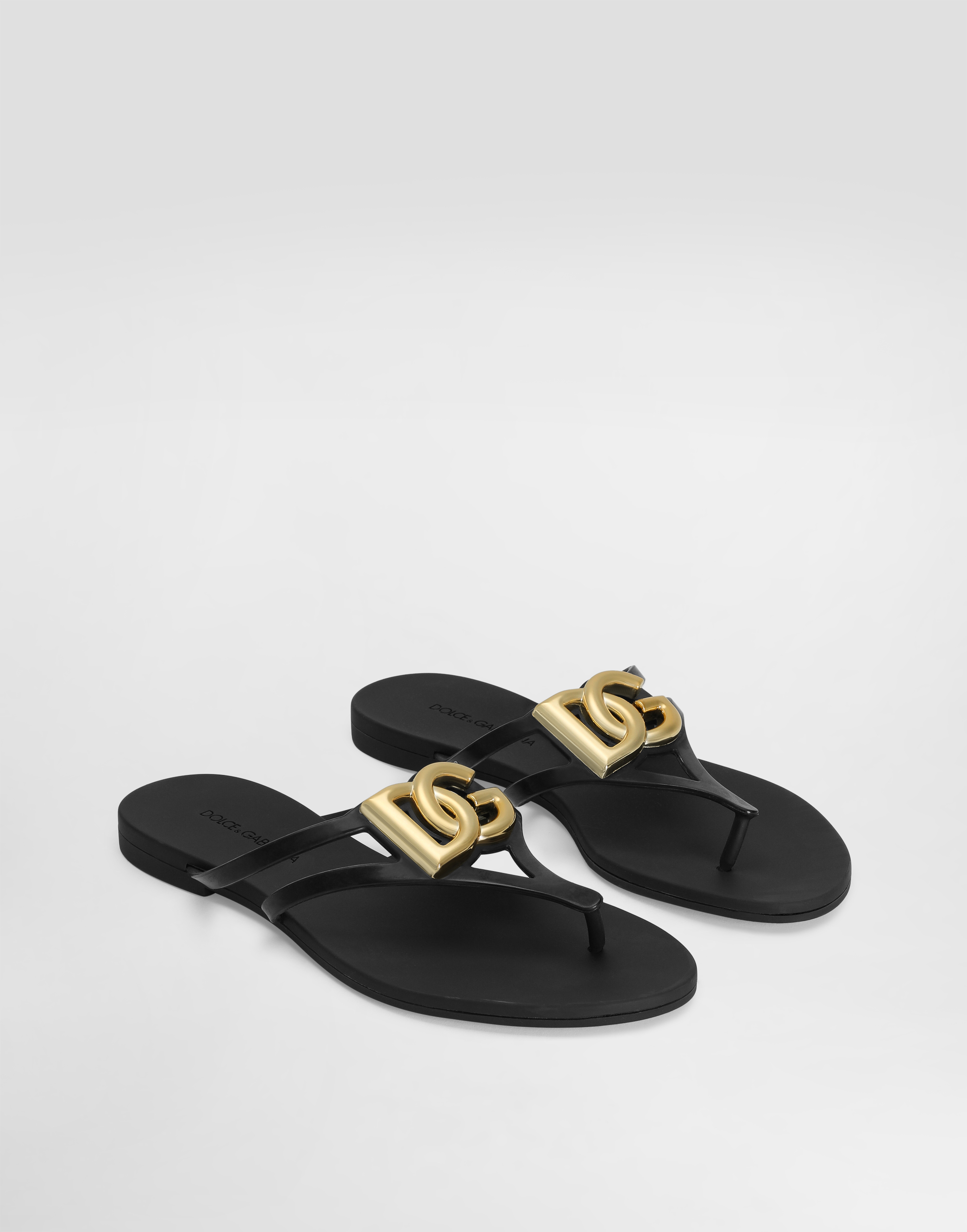 Dolce & Gabbana Women Black Thong Sandals With Logo Plaque On The Front In Rubber Woman