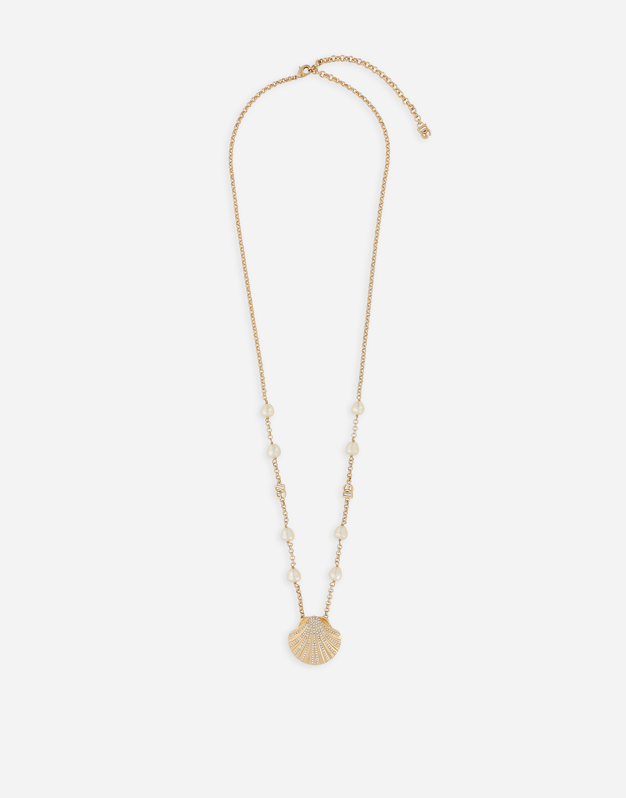 Dolce & Gabbana Necklace With Rhinestone-detailed Shell And Dg Logo - Woman Bijoux Gold Metal Onesize