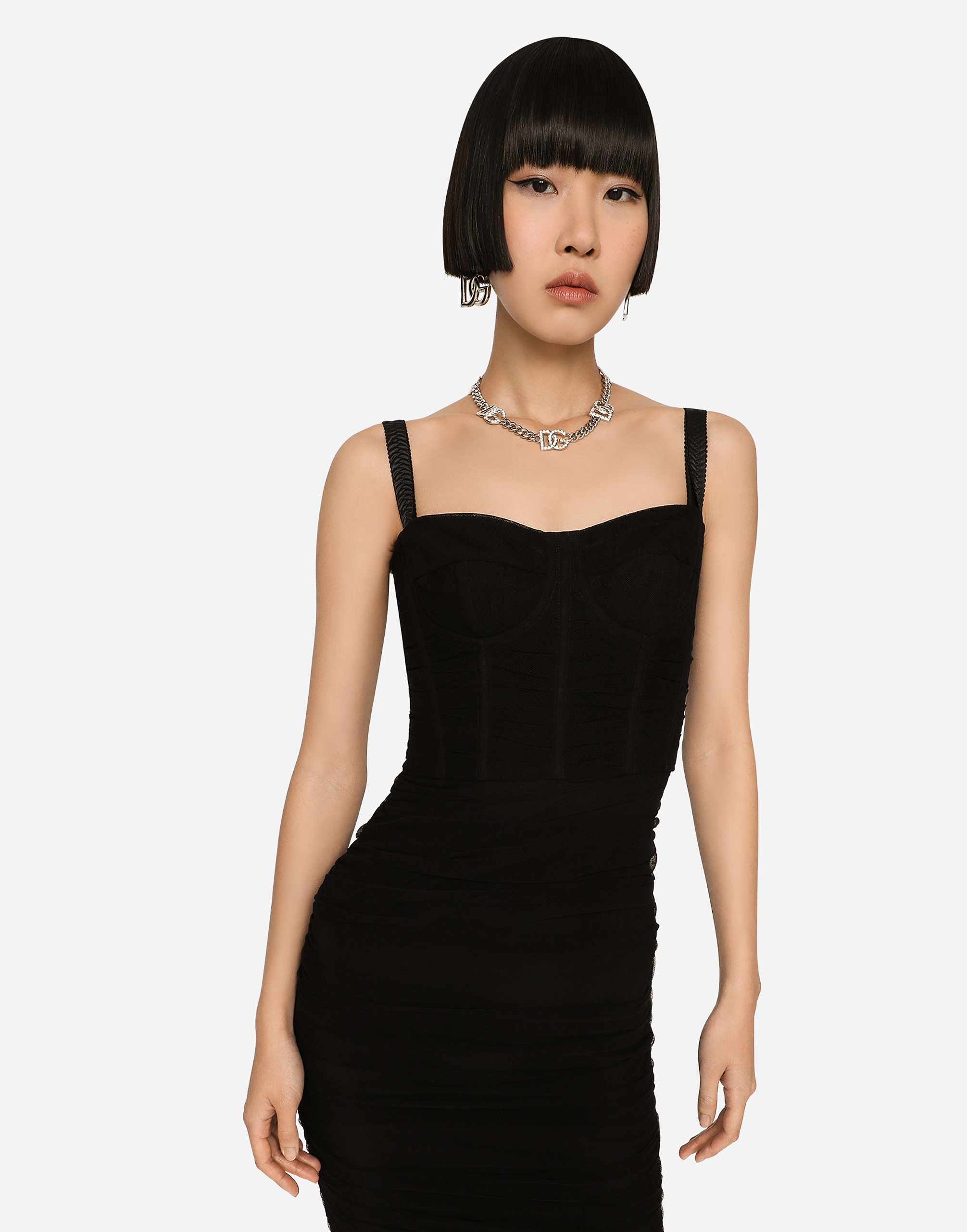 Shop Dolce & Gabbana Tulle Midi Dress With Draping And Corset In Black