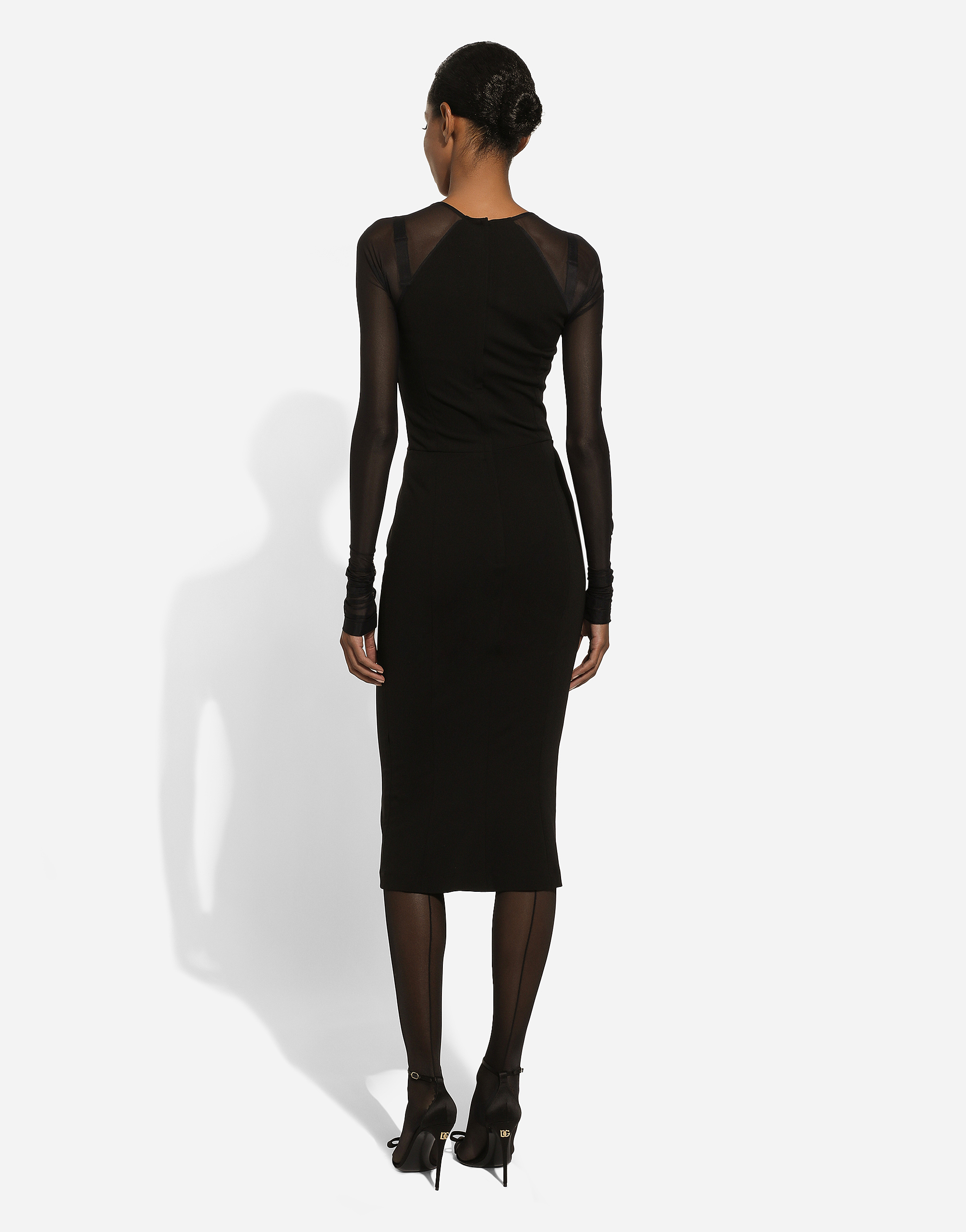 Dolce & Gabbana Jersey Calf-length Dress With Tulle Sleeves In Black