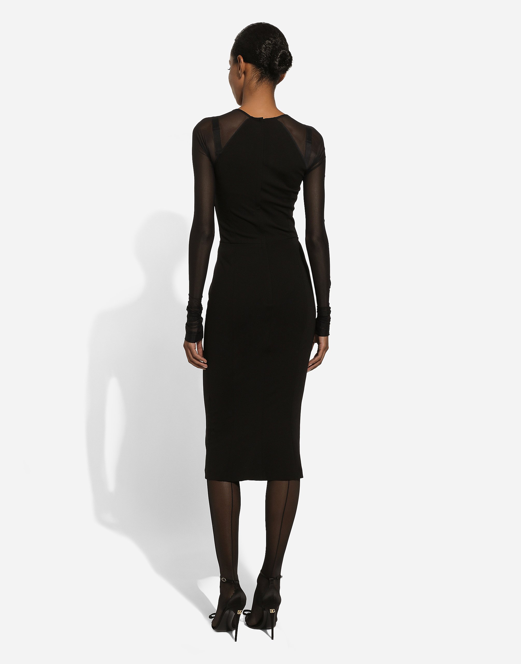 Dolce & Gabbana Jersey Calf-length Dress With Tulle Sleeves In Black