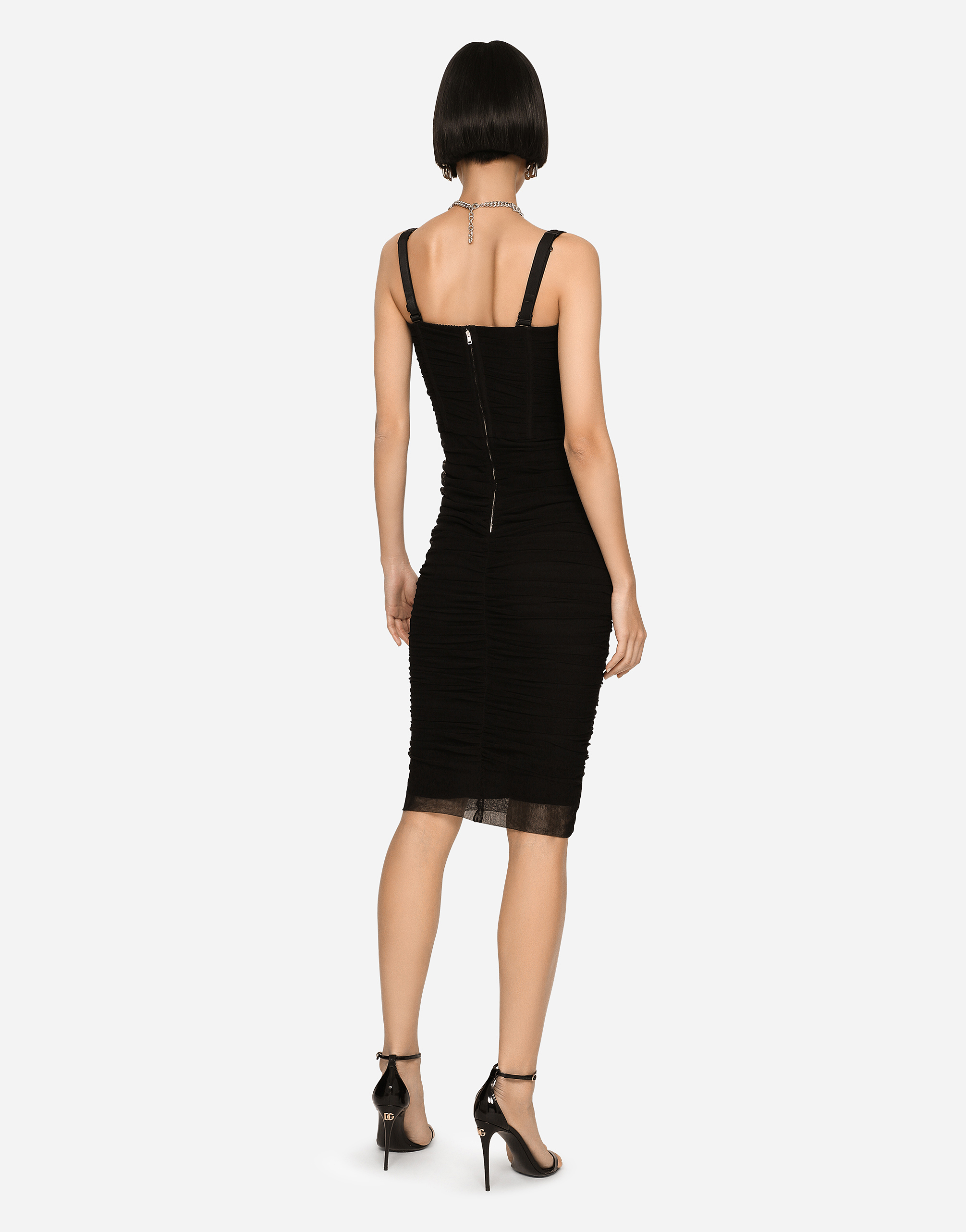 Shop Dolce & Gabbana Tulle Midi Dress With Draping And Corset In Black