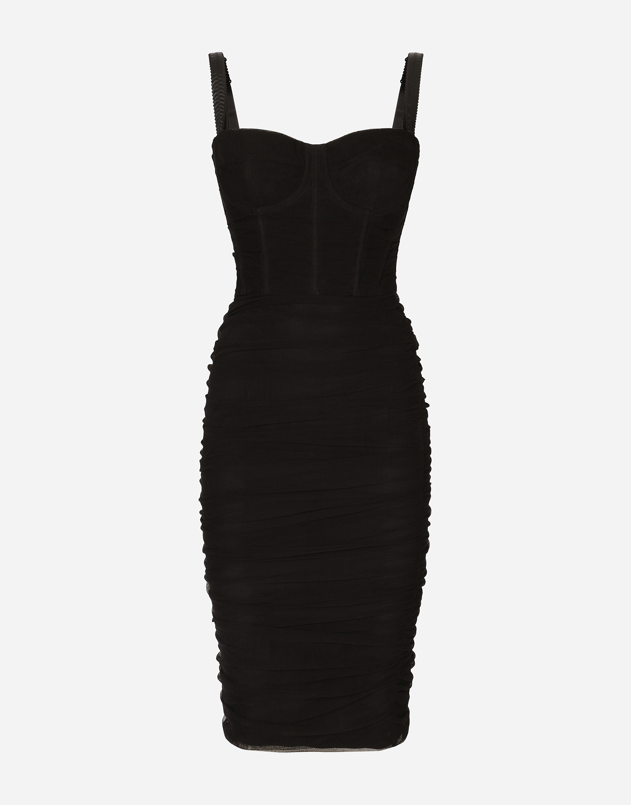 Shop Dolce & Gabbana Tulle Midi Dress With Draping And Corset In Black