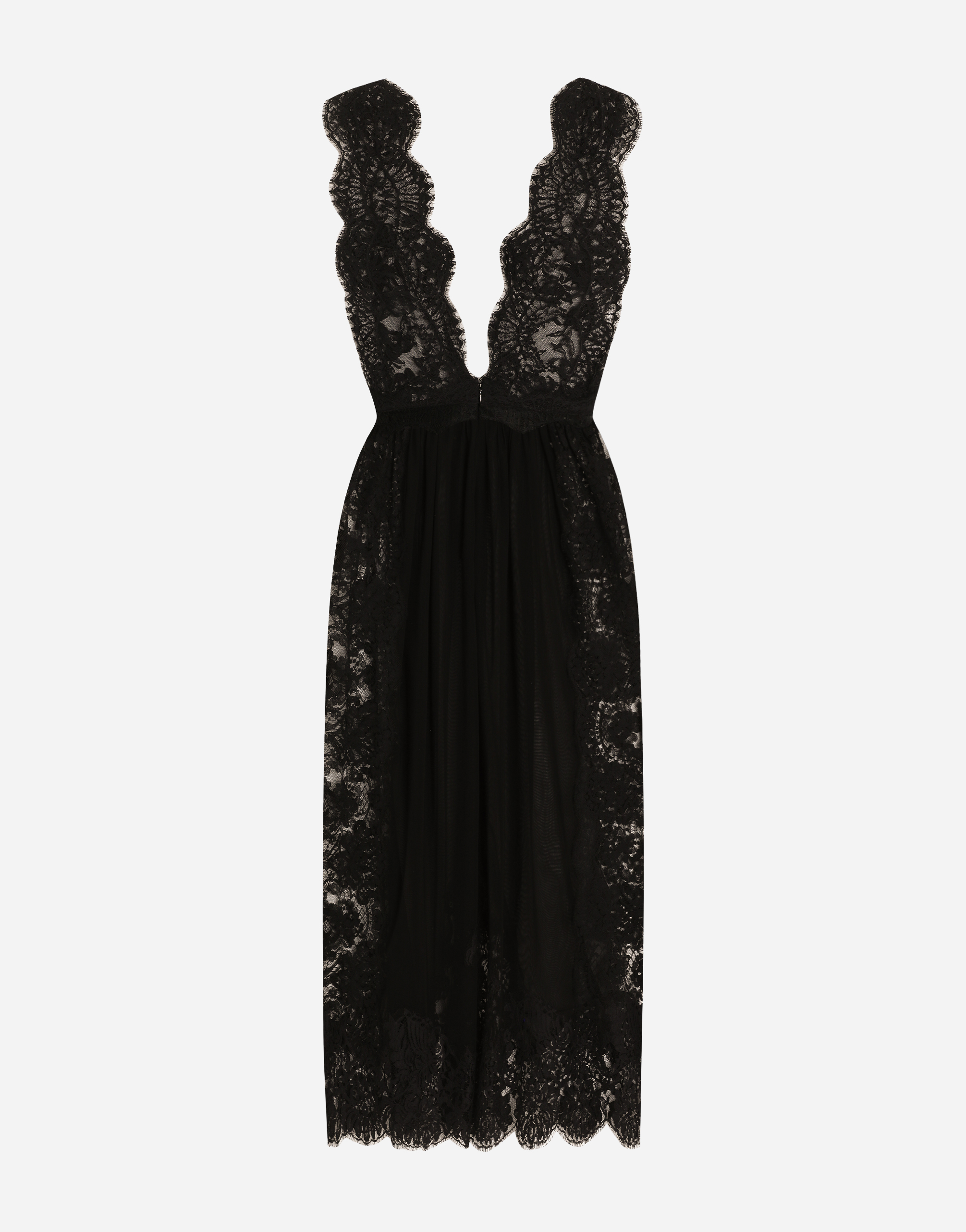 Dolce & Gabbana Calf-length Chantilly Lace Dress With Organzine Details In Black