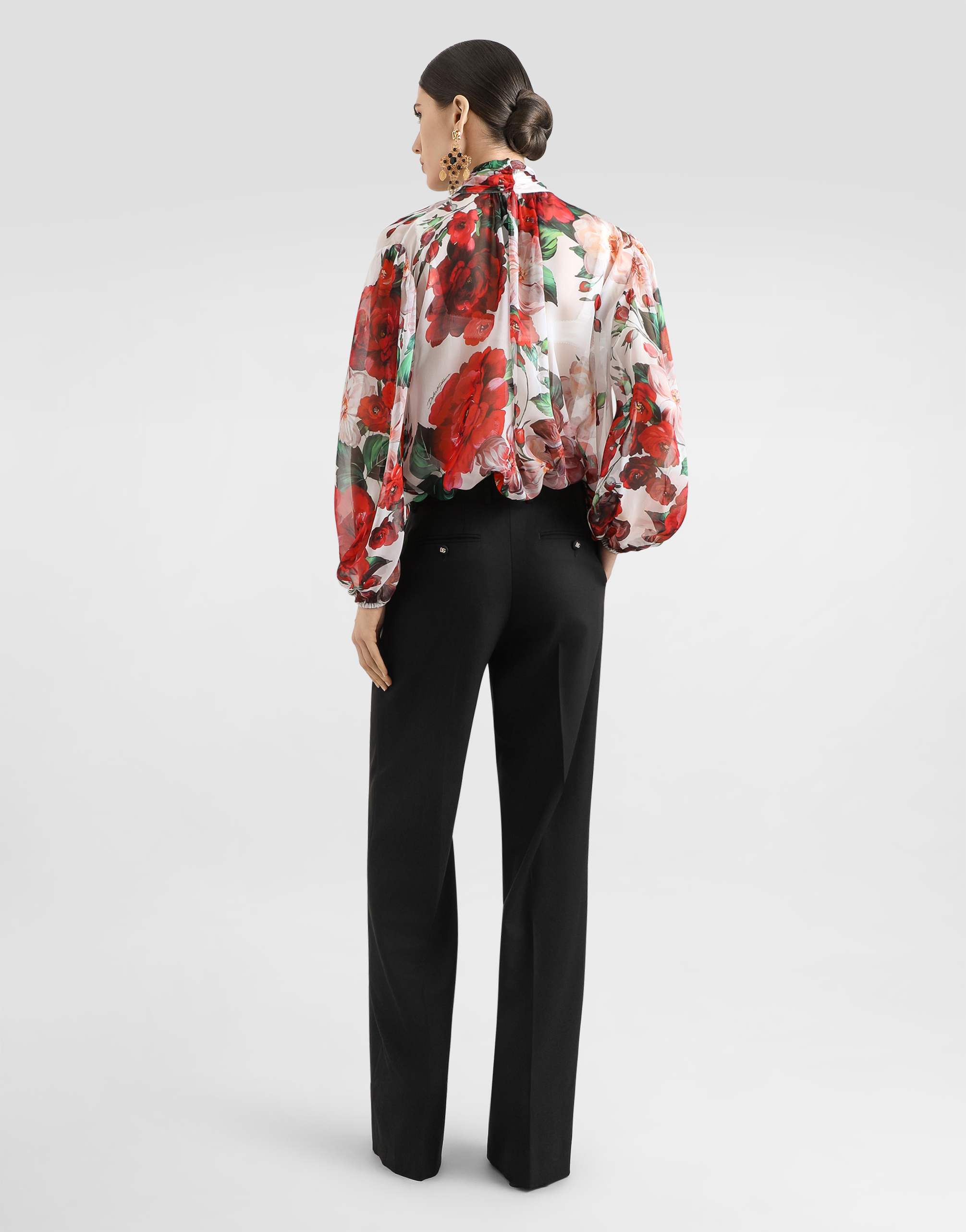 Dolce & Gabbana Chiffon Pussy-bow Blouse With Rose Print In Print