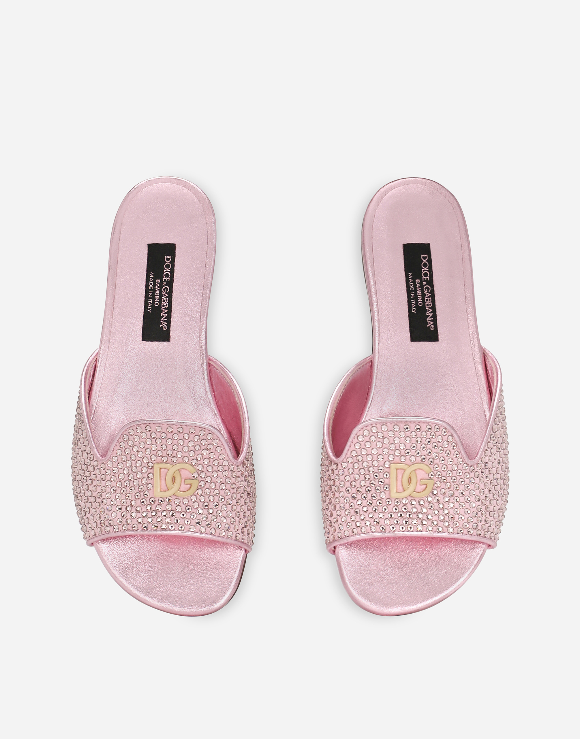 Dolce & Gabbana Foiled Lambskin Sliders With Fusible Rhinestones In Pink