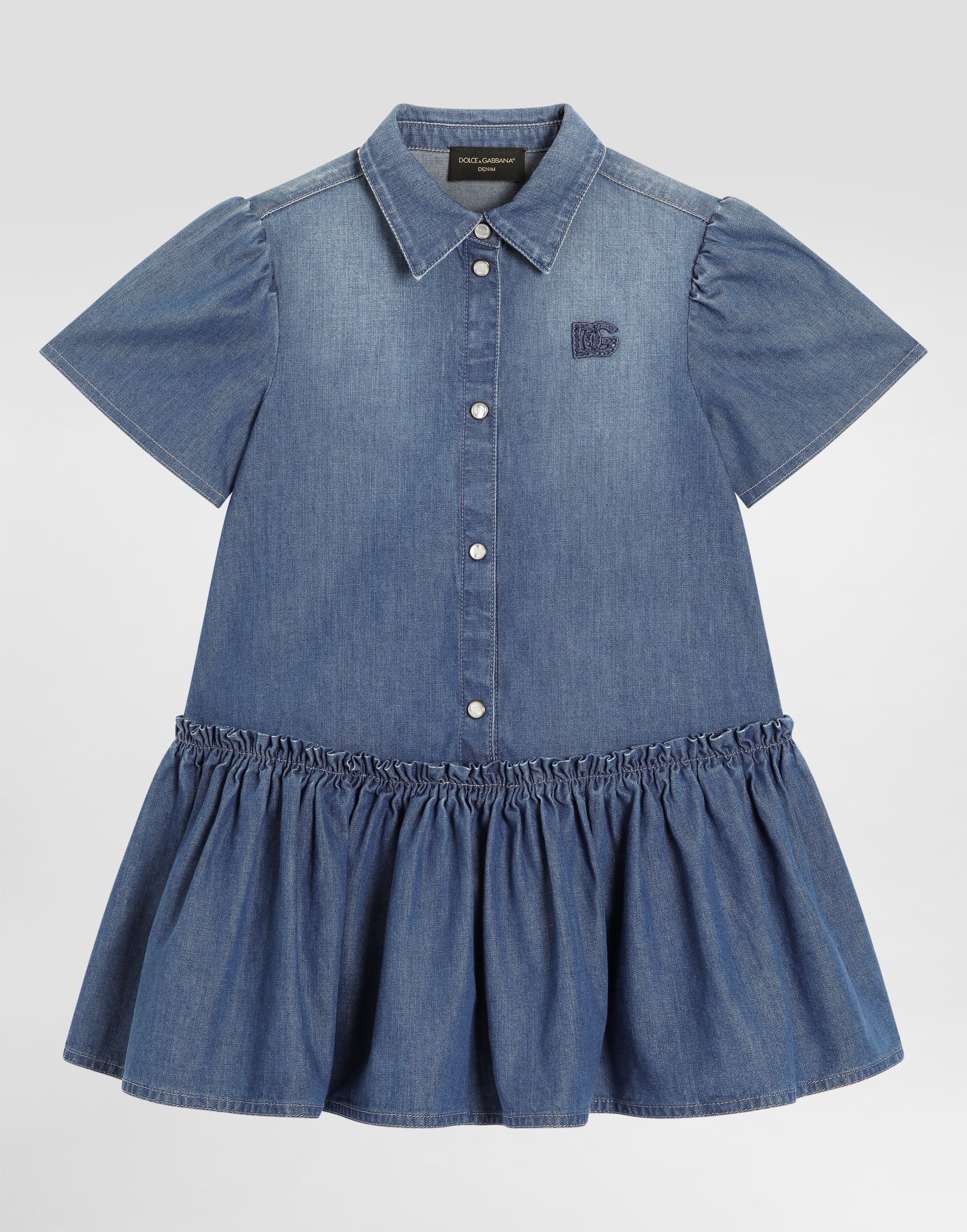 Dolce & Gabbana Washed Chambray Dress With Logo Embroidery In Blue
