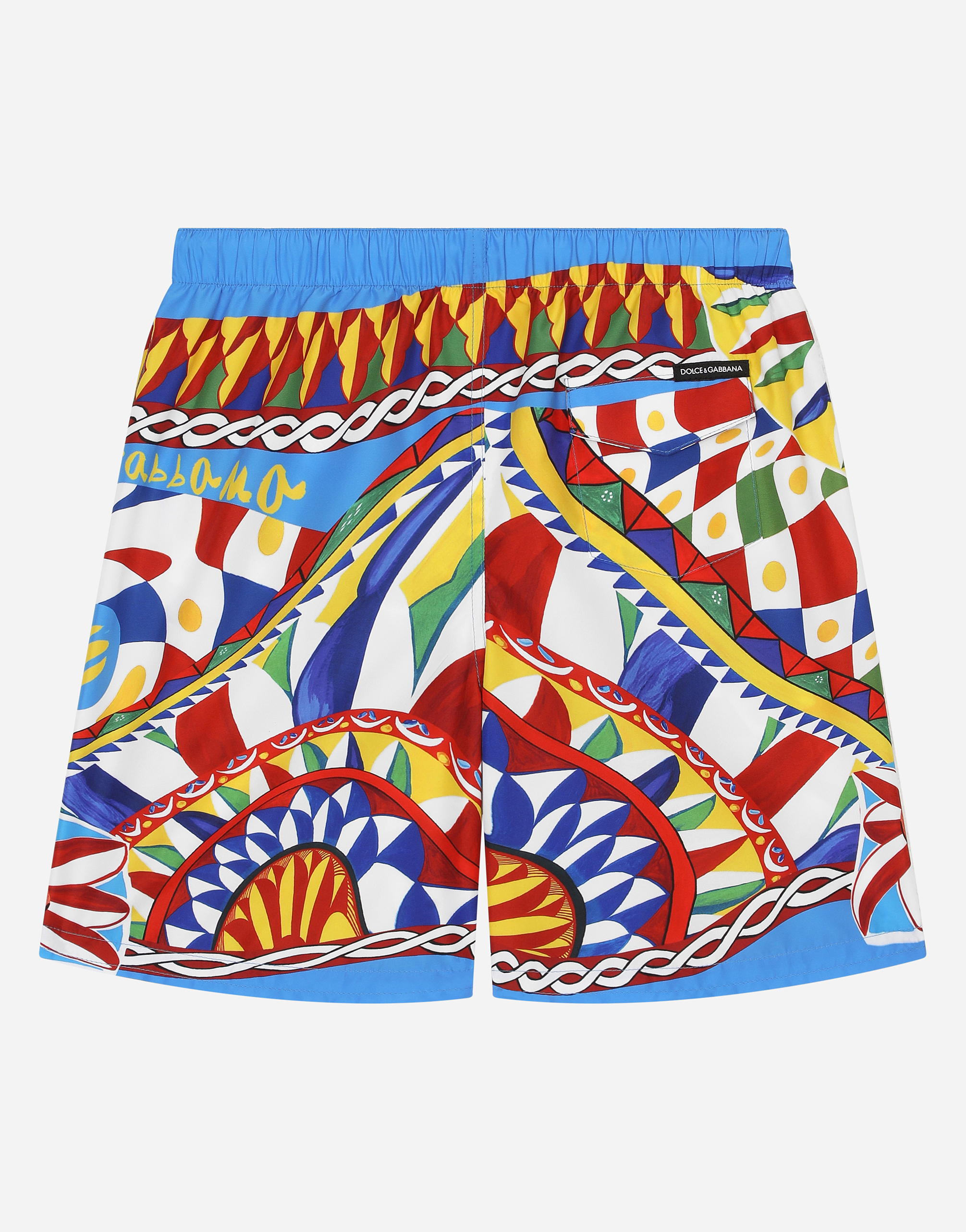 DOLCE & GABBANA LONG-LEG NYLON SWIM TRUNKS WITH CARRETTO PRINT