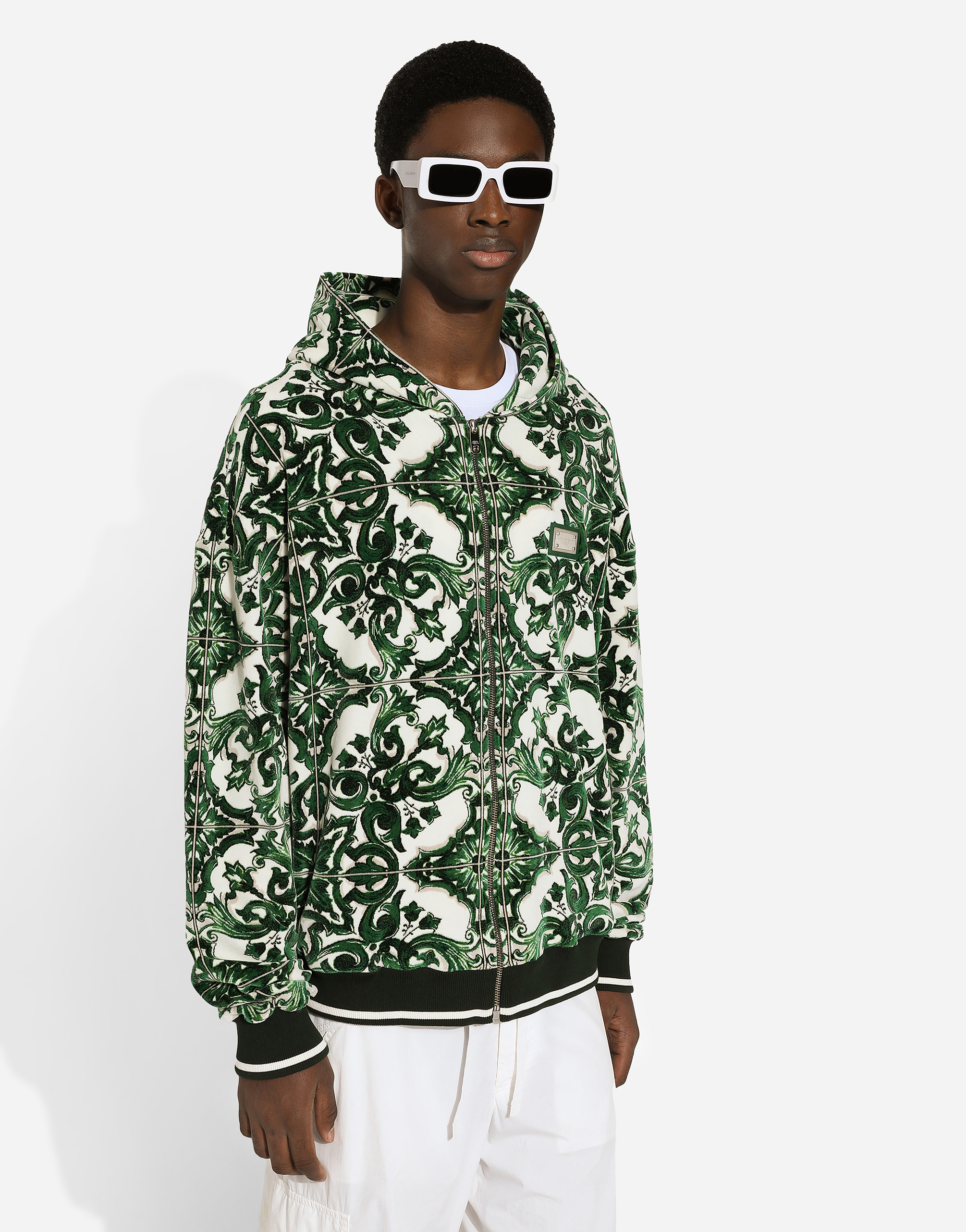 Zip-up hoodie with majolica print
