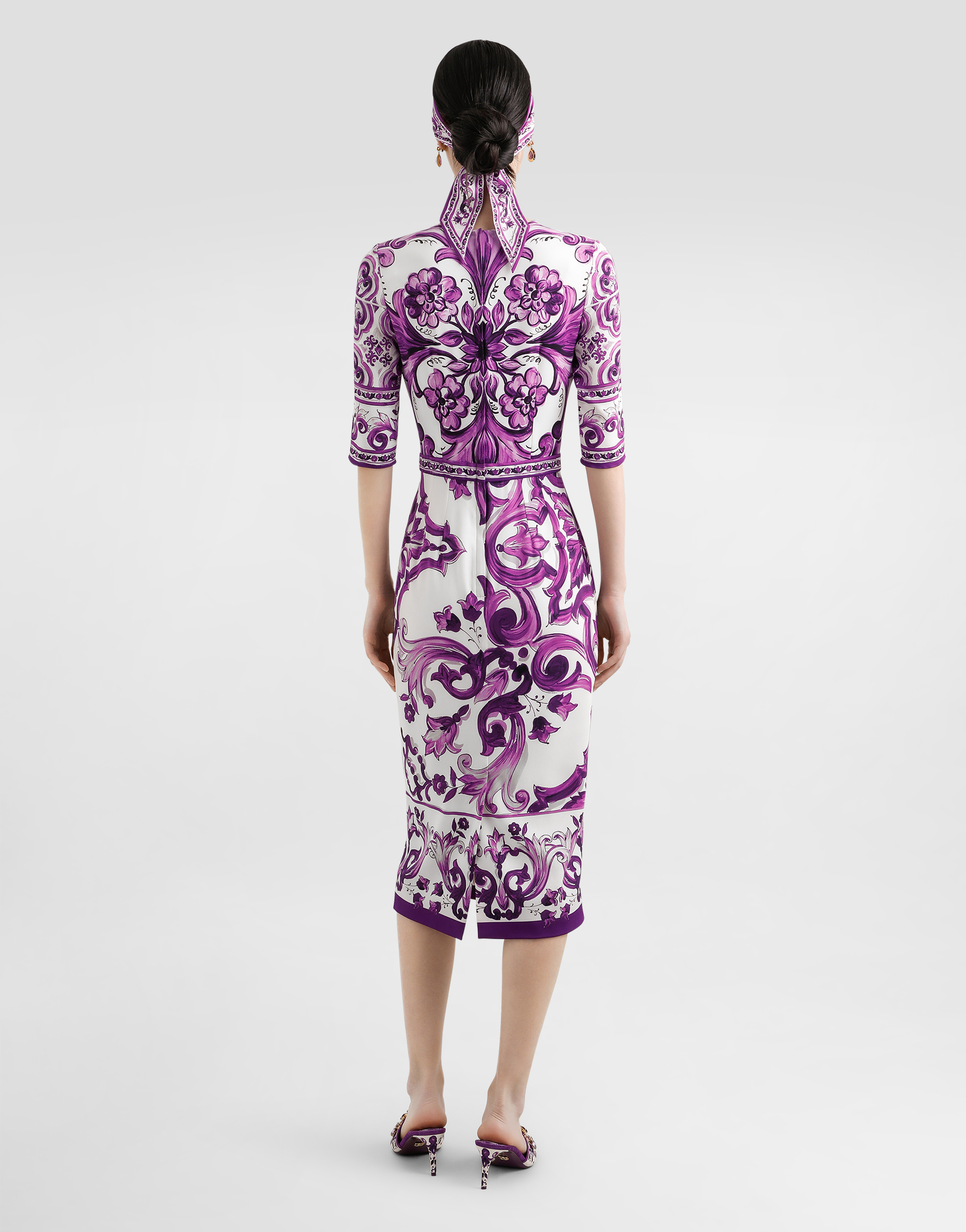 Dolce & Gabbana Violet Crewneck Dress With Rear Zip Closure And All-over Floral Print In Silk Stretch Woman In Purple