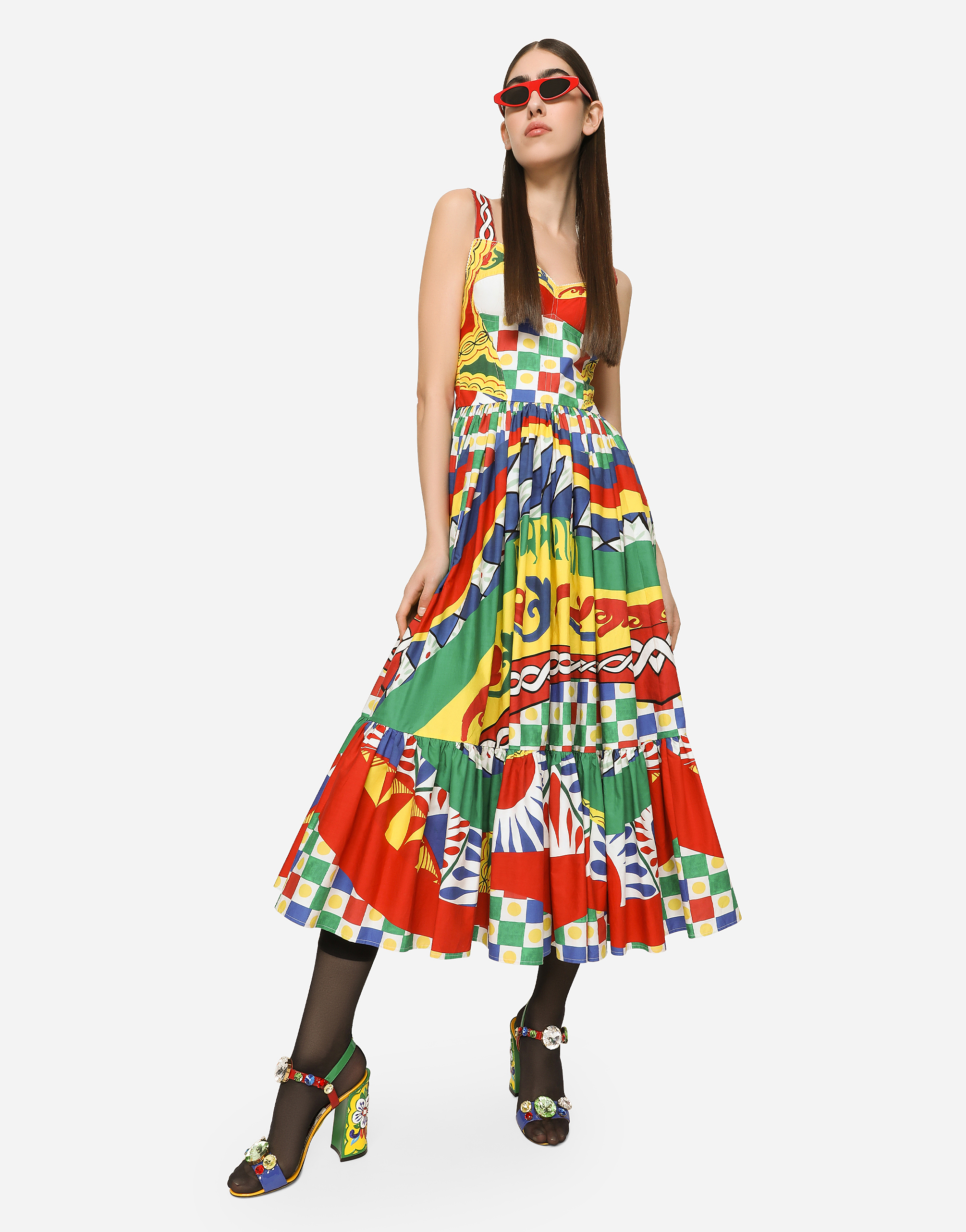 DOLCE & GABBANA CALF-LENGTH BUSTIER DRESS IN CARRETTO-PRINT POPLIN