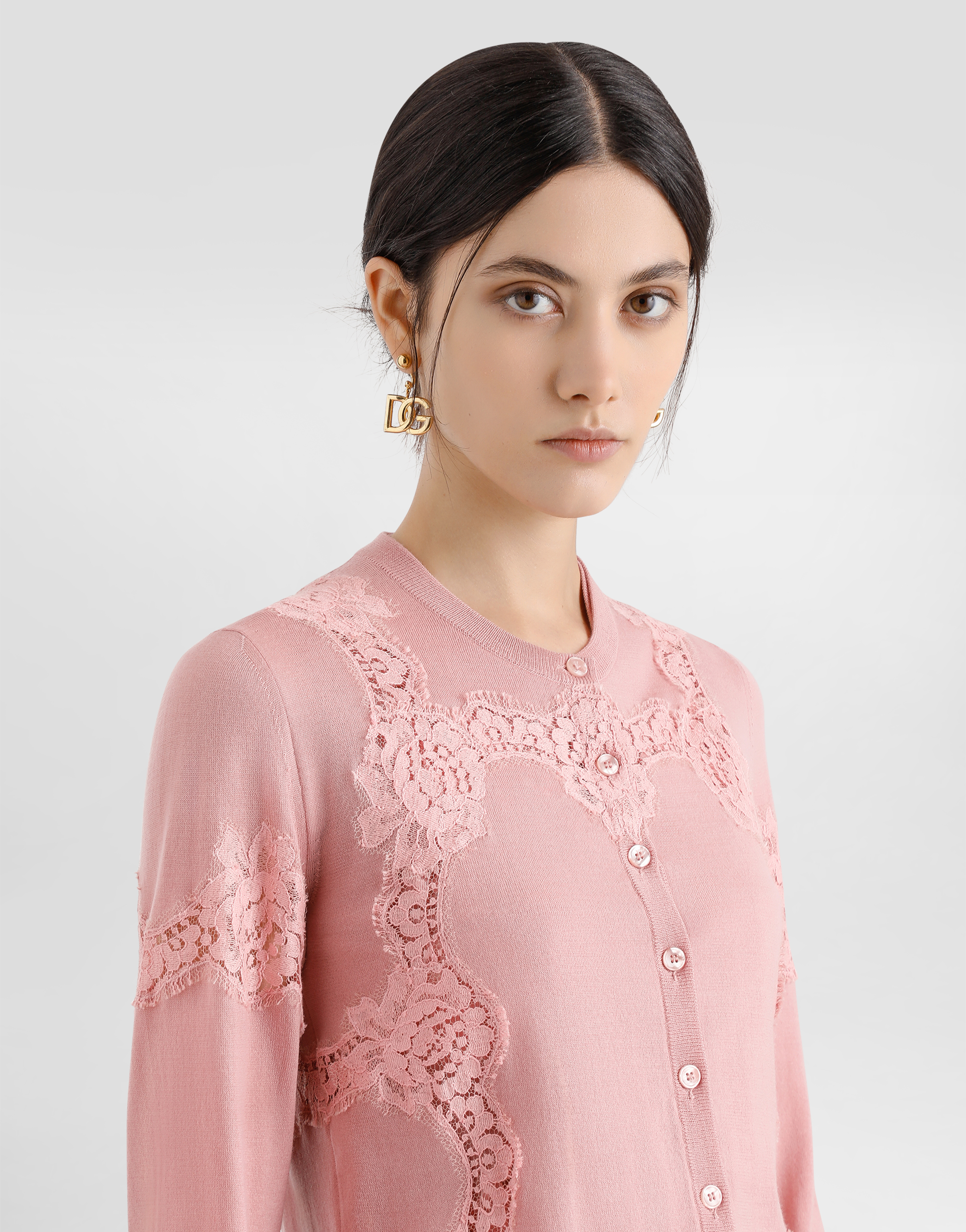 Dolce & Gabbana Wool Cardigan With Lace Inlay In Pink