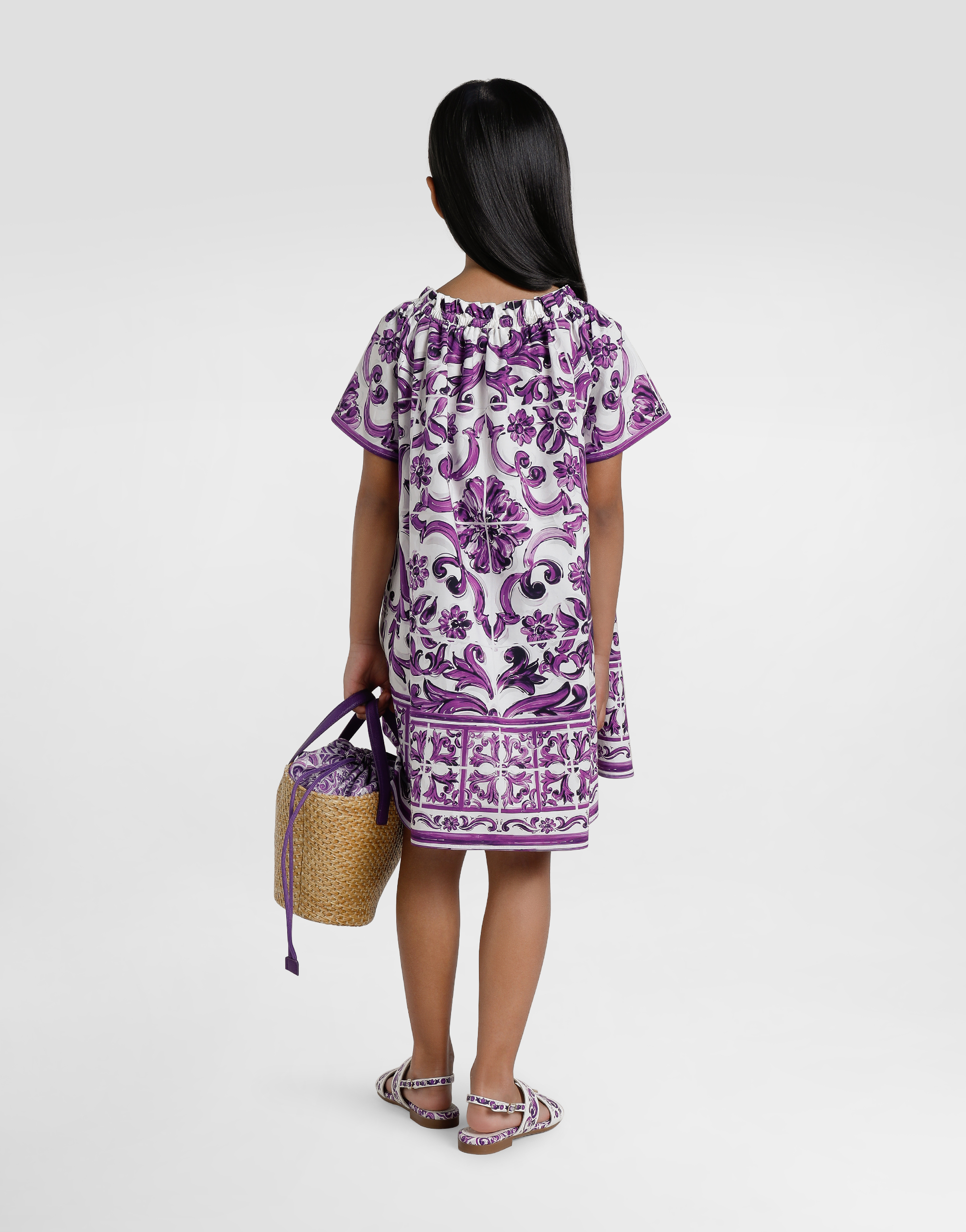 Majolica-print short-sleeved poplin dress