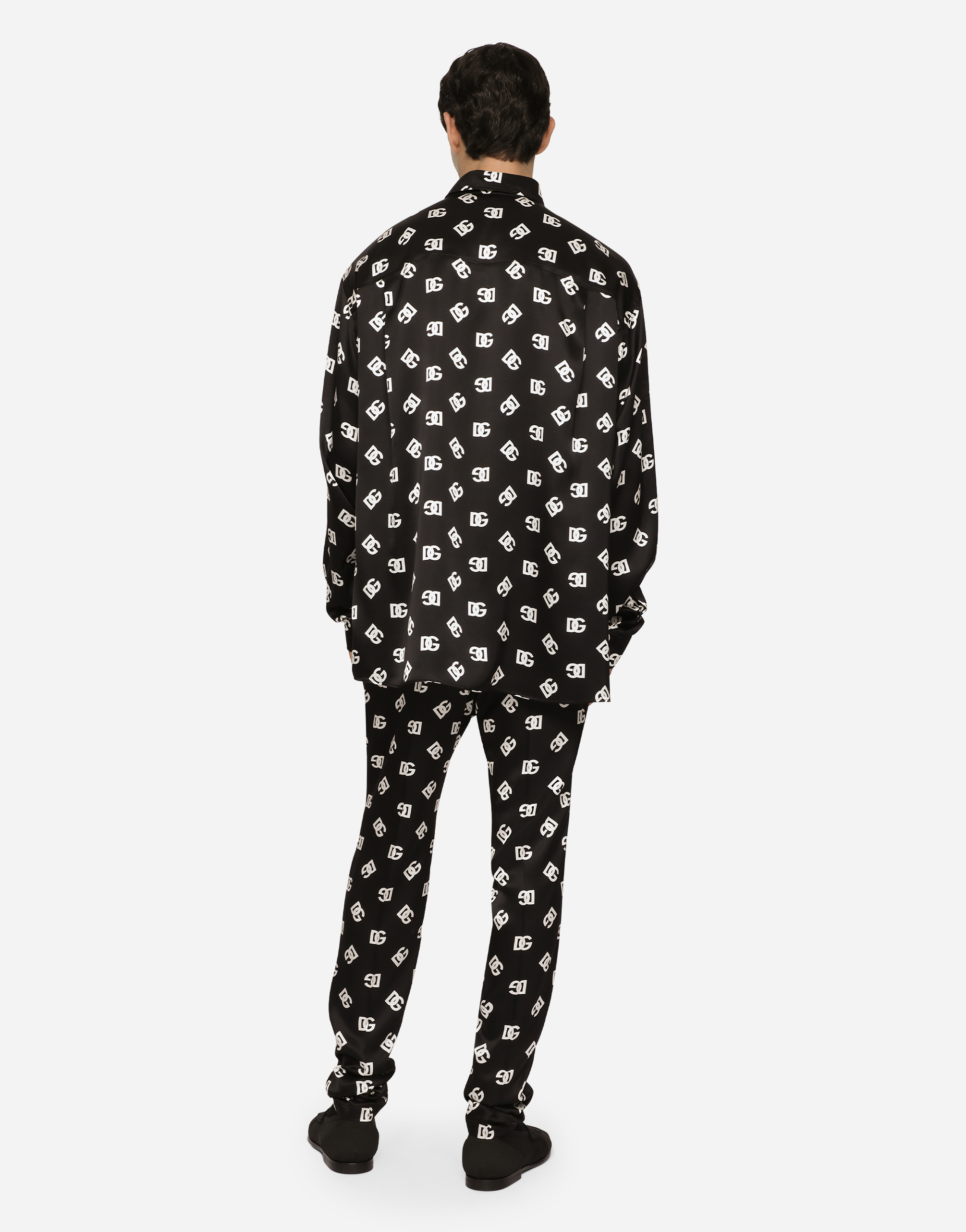 DOLCE & GABBANA SILK TWILL PANTS WITH DG MONOGRAM PRINT