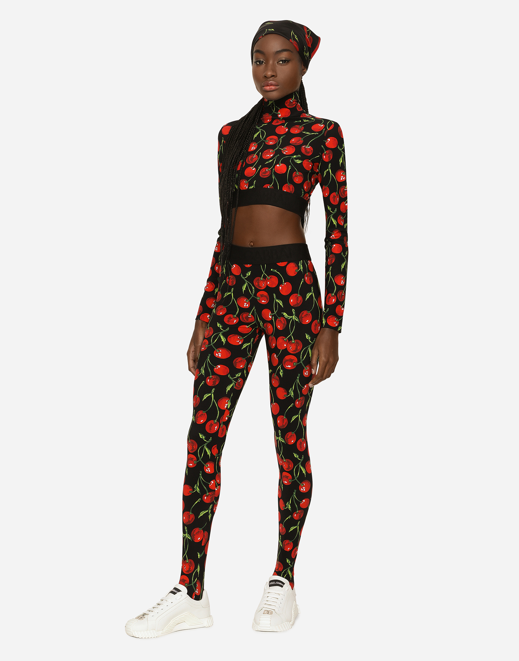 DOLCE & GABBANA CHERRY-PRINT TECHNICAL JERSEY TURTLE-NECK TOP WITH BRANDED ELASTIC
