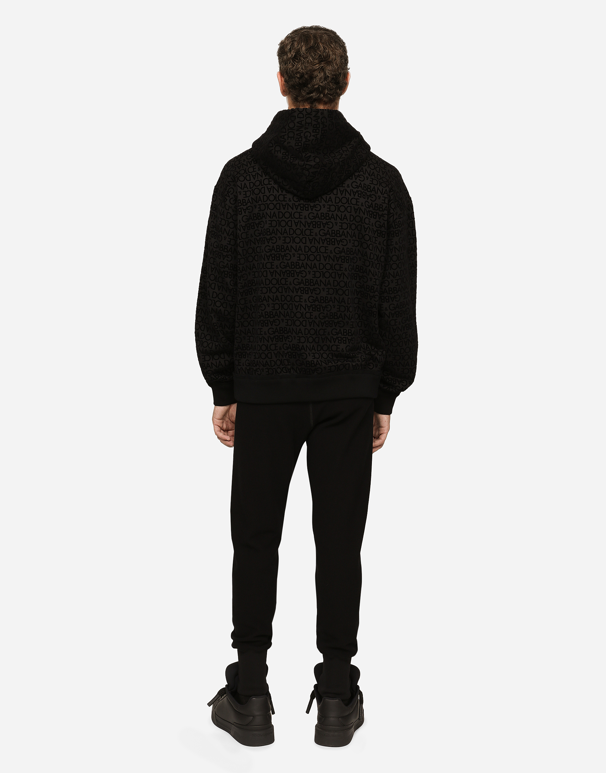 DOLCE & GABBANA JERSEY ZIP-UP HOODIE WITH FLOCKED LOGO