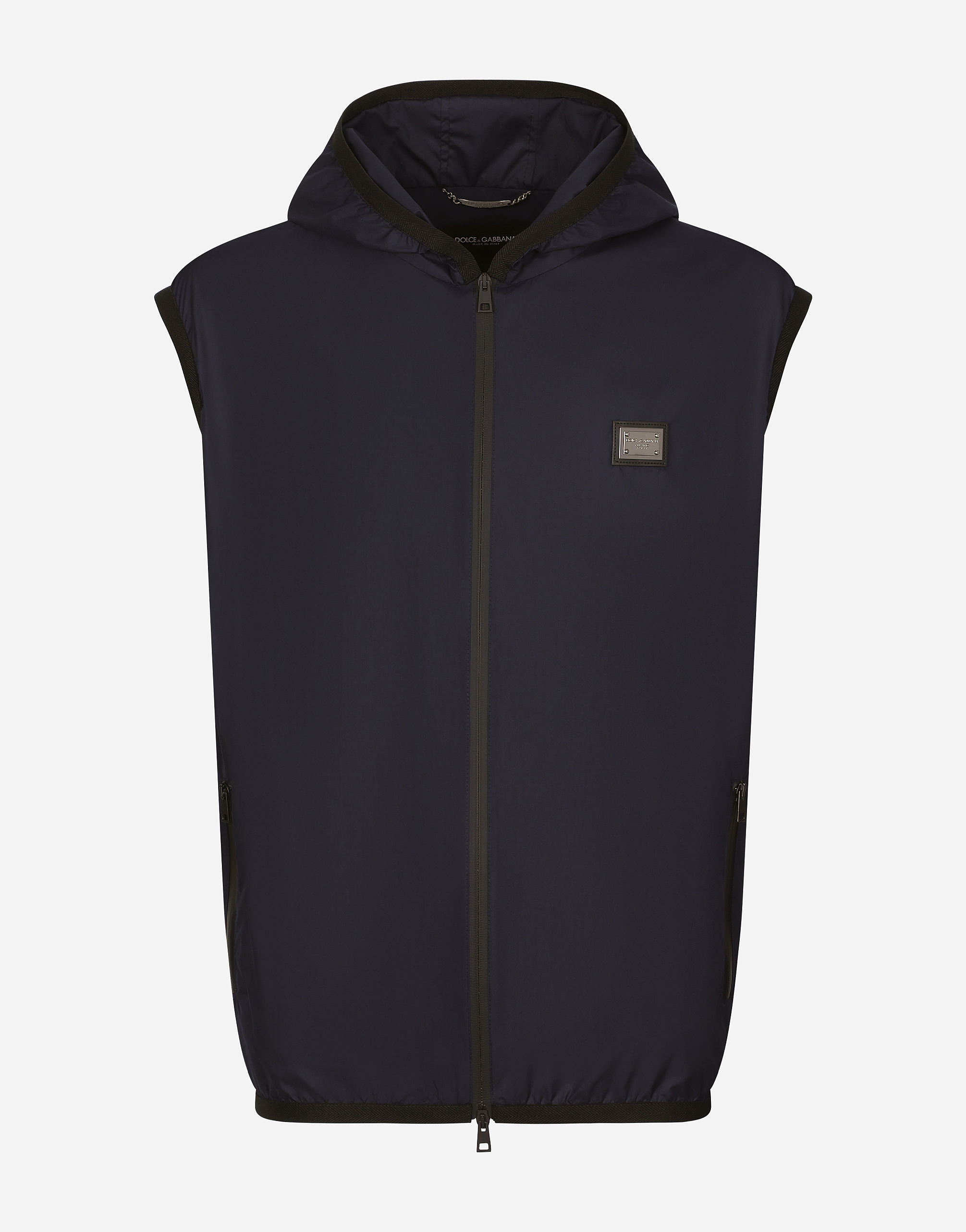 Dolce & Gabbana Sleeveless Jacket Hooded Design Grosgrain Profiles In Blue