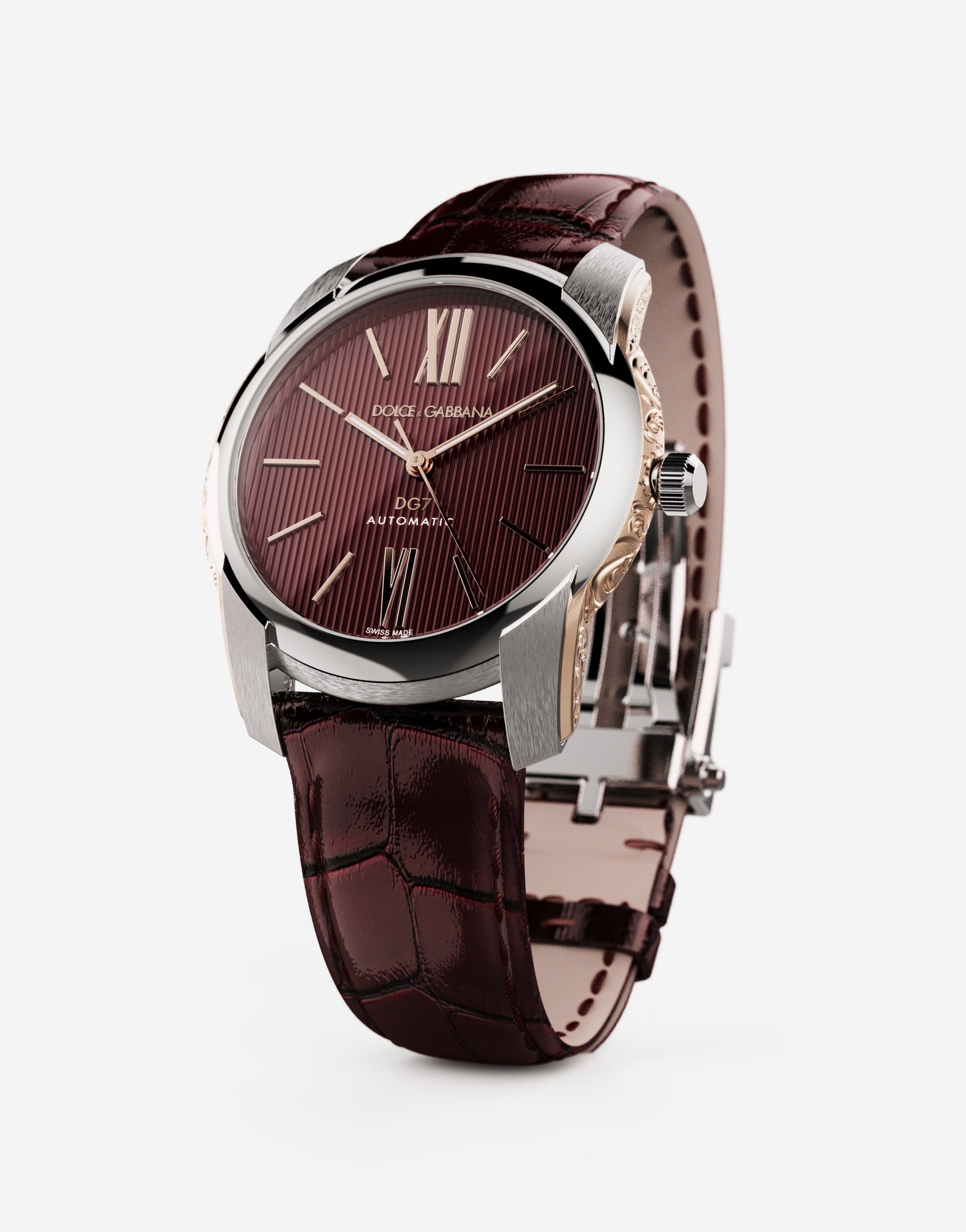 Shop Dolce & Gabbana Dg7 Watch In Steel With Engraved Side Decoration In Gold In Burgundy