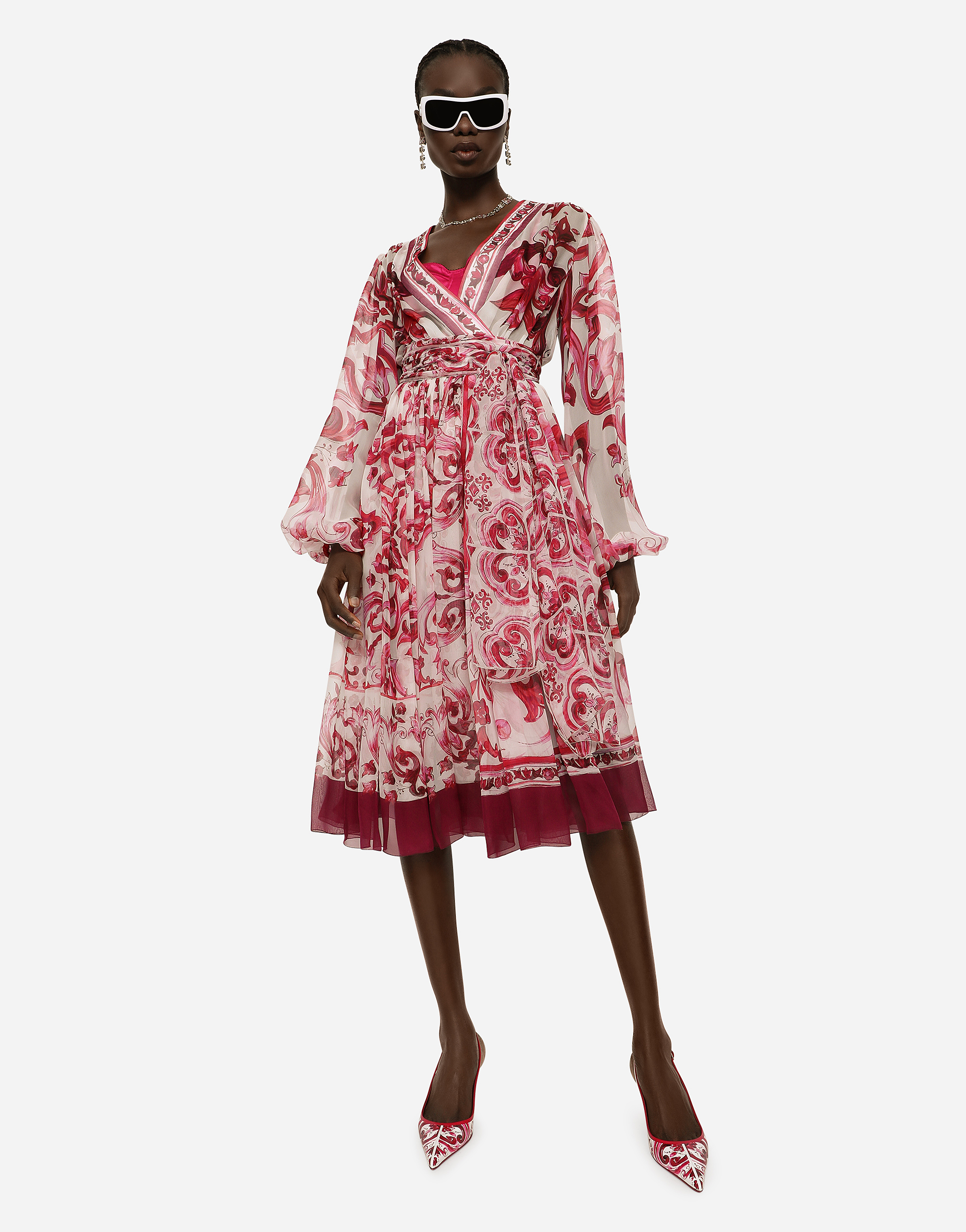 DOLCE & GABBANA MAJOLICA-PRINT CHIFFON MIDI DRESS