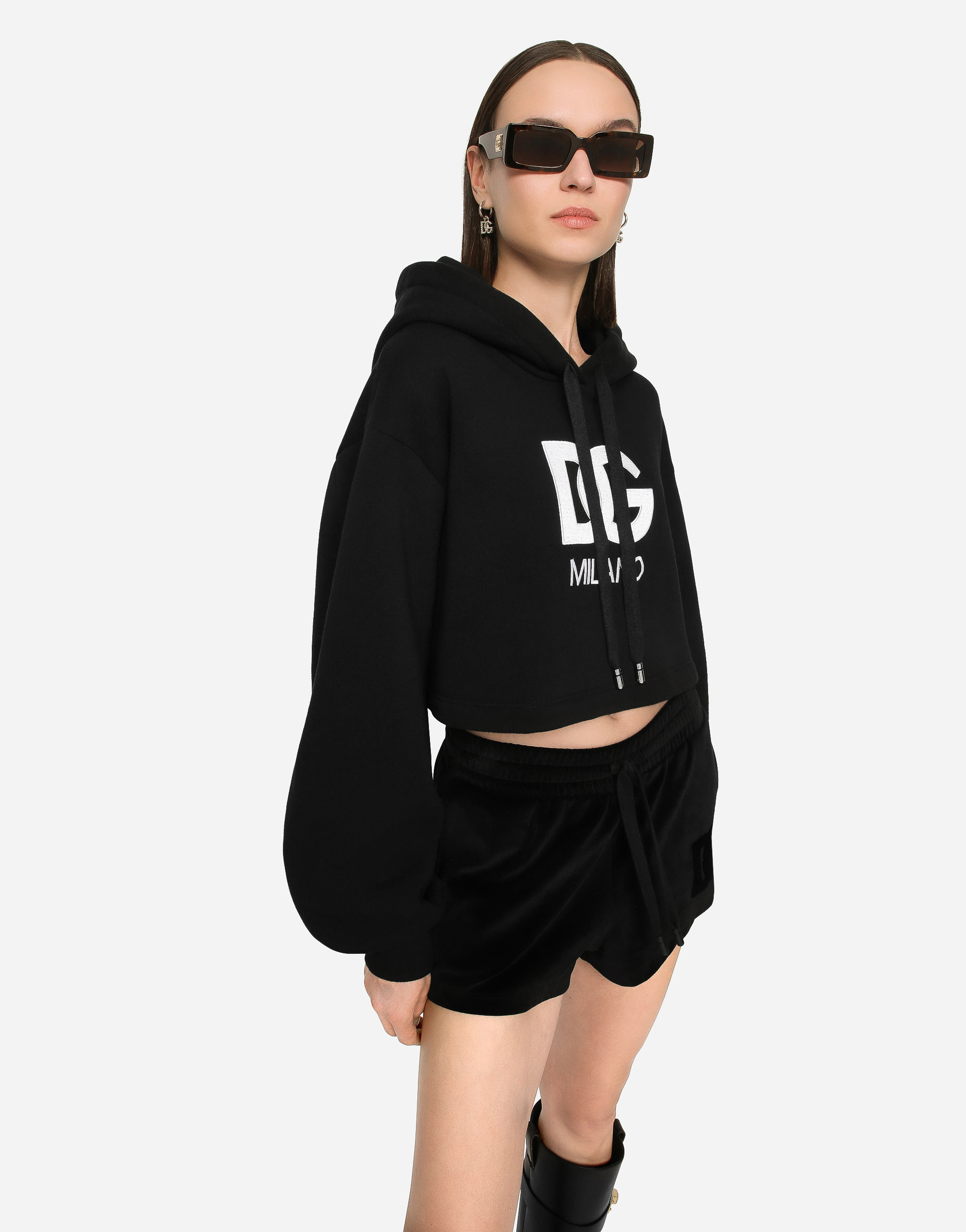 Shop Dolce & Gabbana Cropped Jersey Hoodie With Embroidered Dg Patch In Black