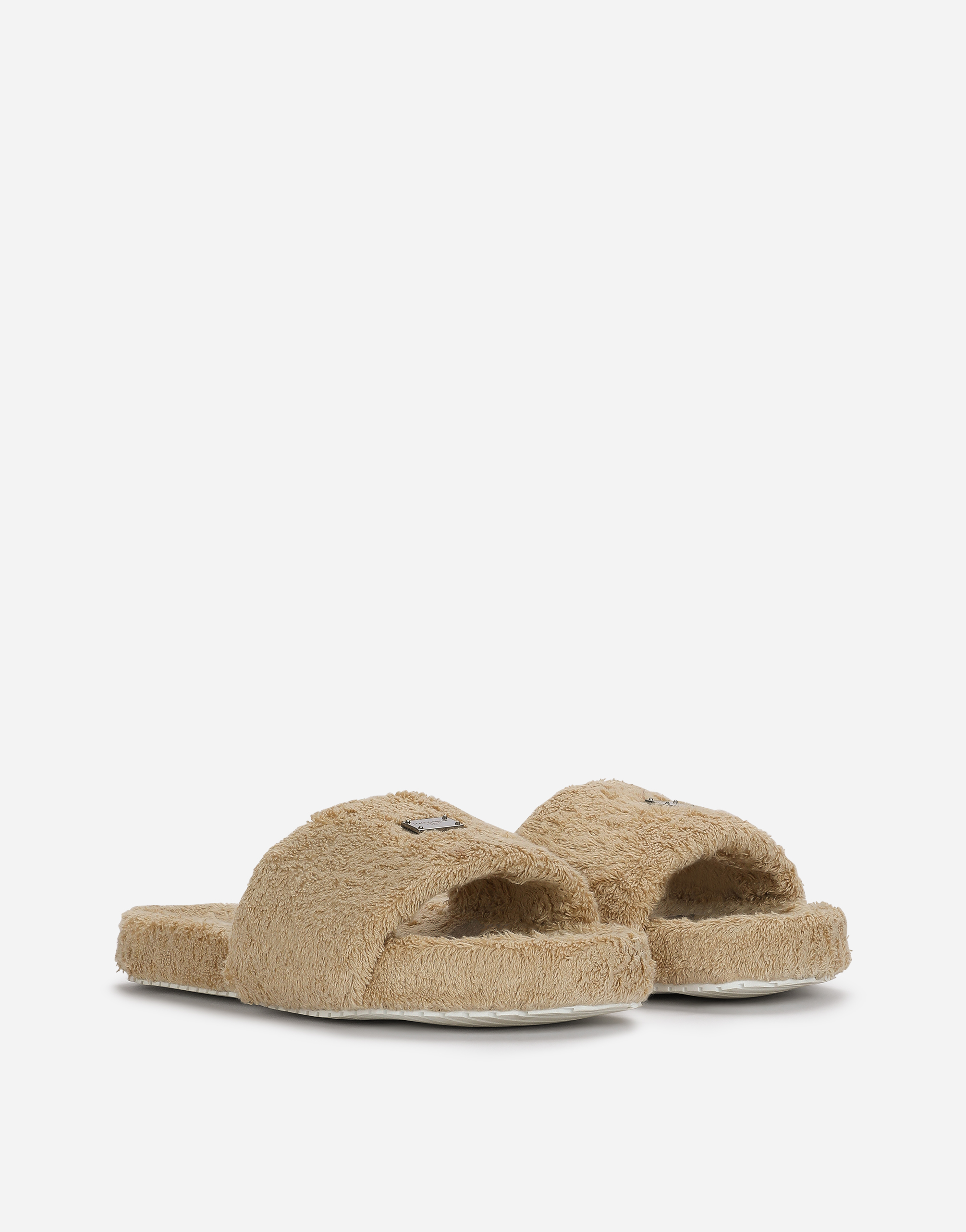 Shop Dolce & Gabbana Terrycloth Sliders With Logo Tag In Beige