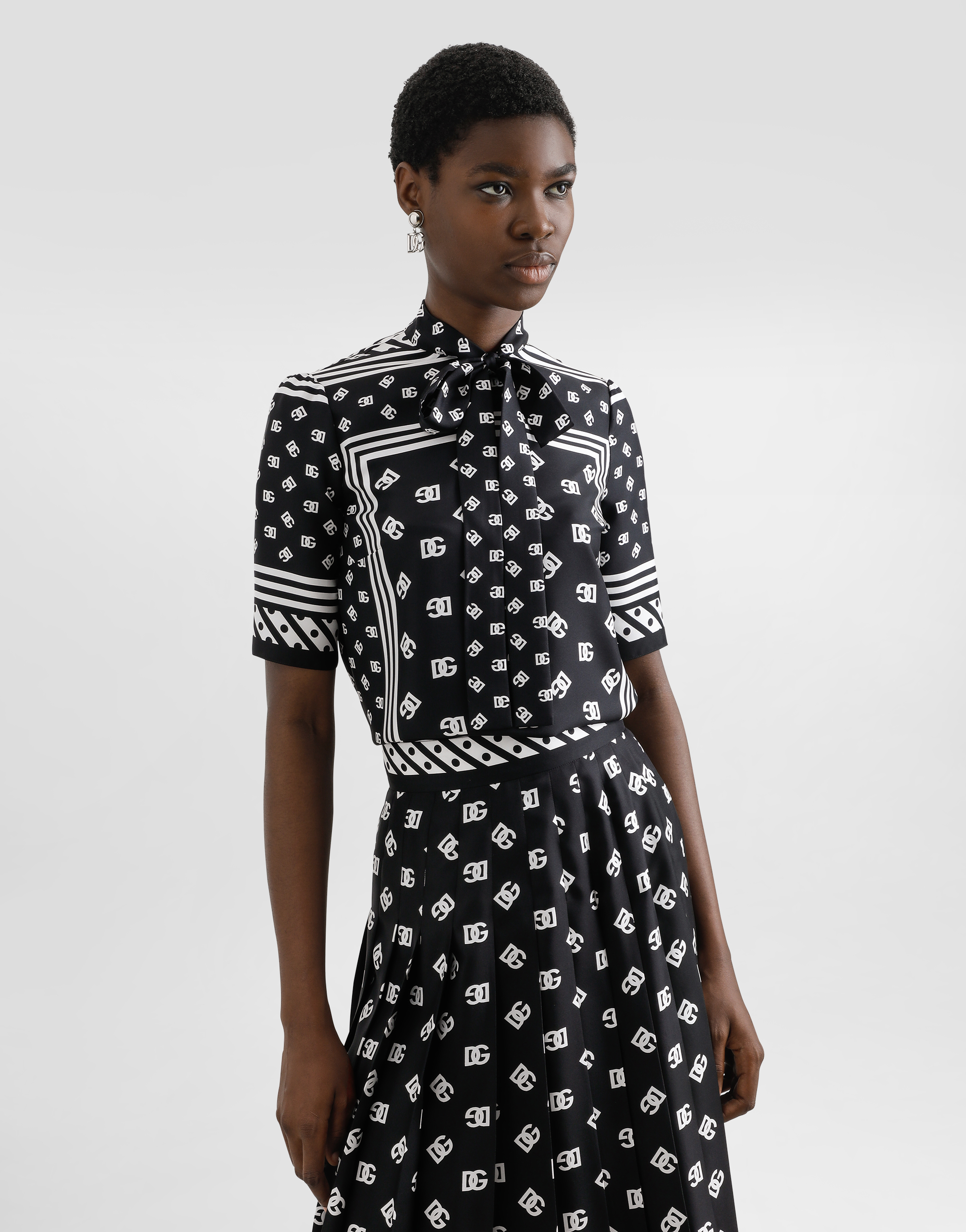 Dolce & Gabbana Short-sleeved Silk Blouse With Pussy-bow And All-over Dg Logo Scarf Print In Black