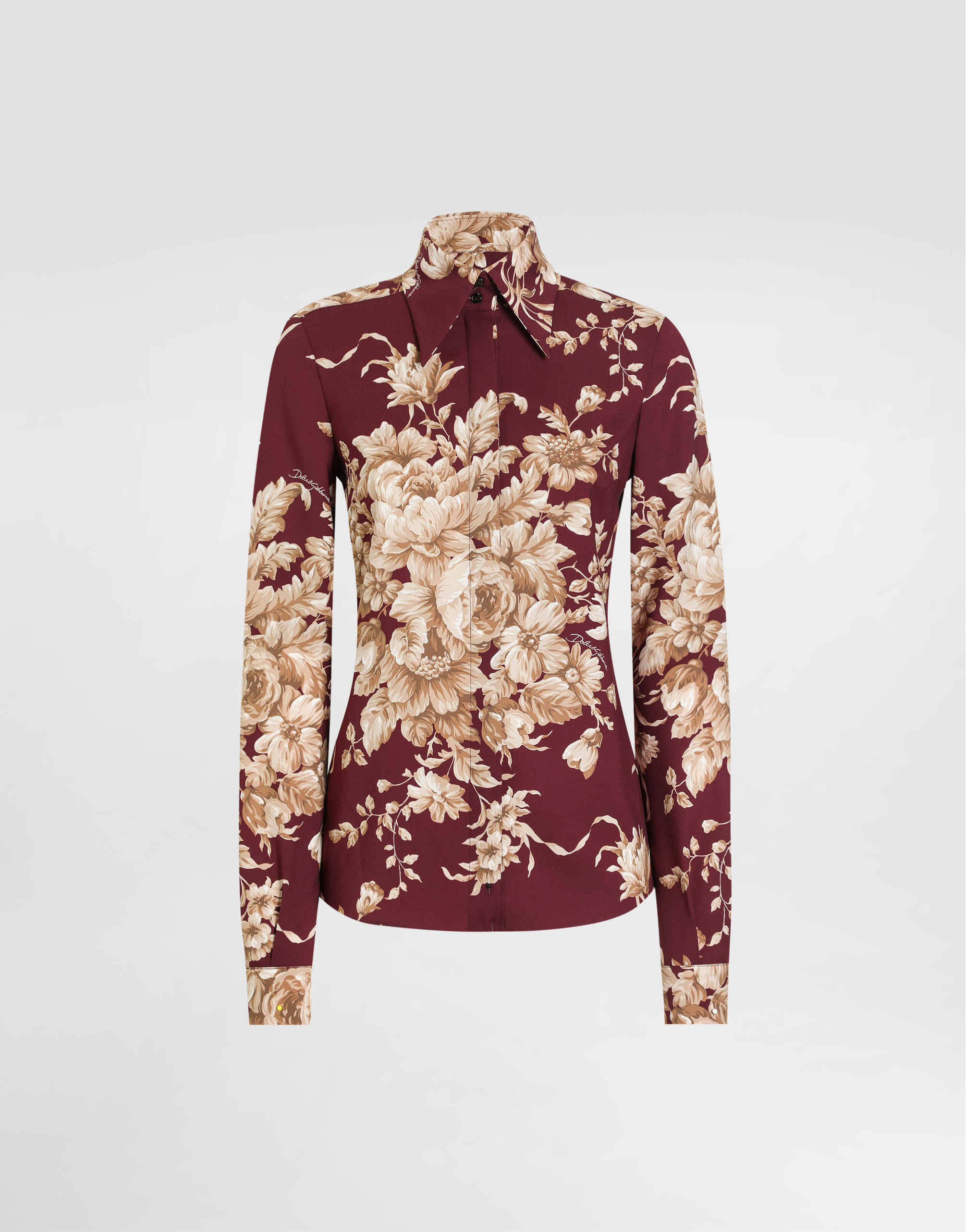 Dolce & Gabbana Rose-print Charmeuse Shirt In Brown