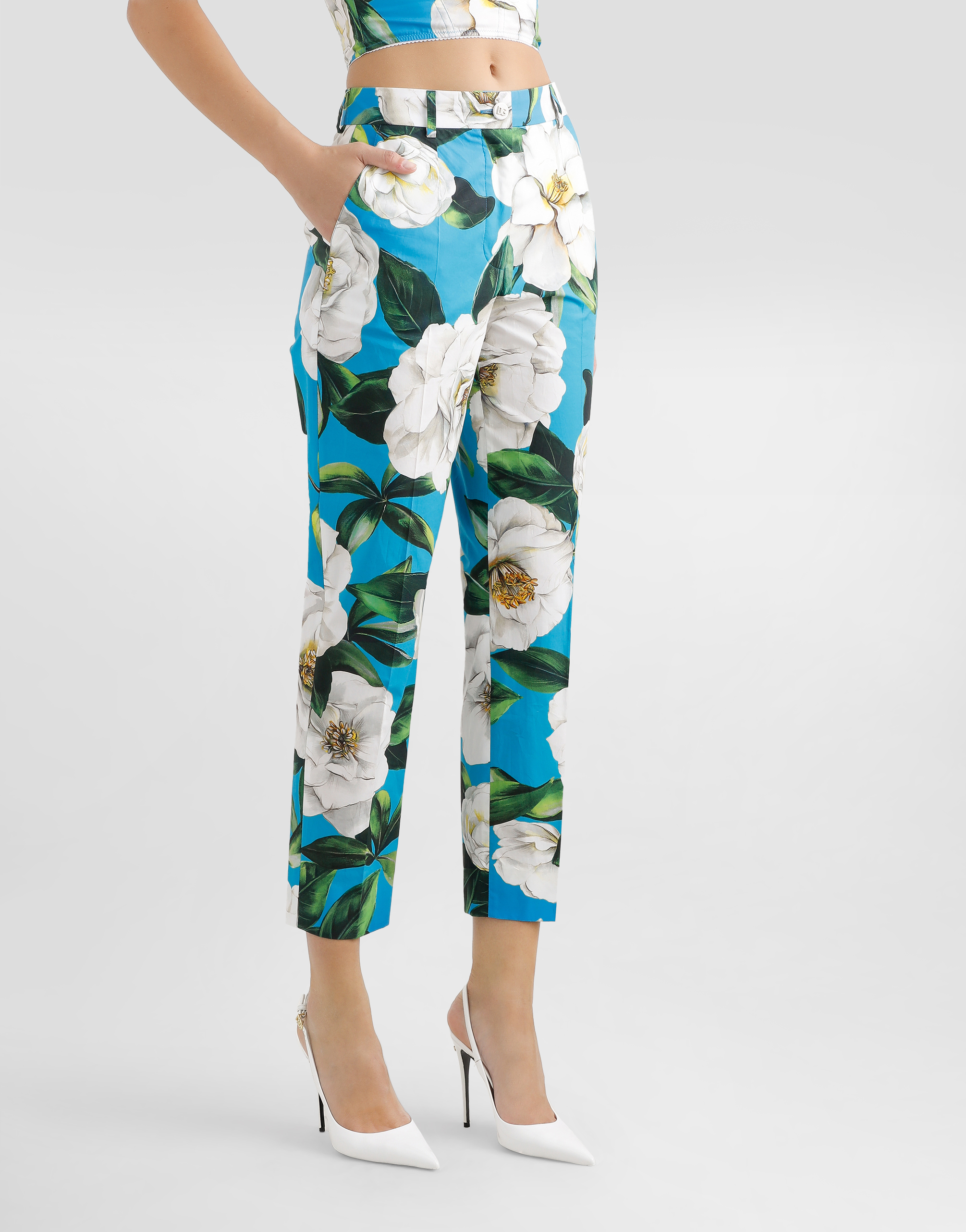 Dolce & Gabbana Tailored Cotton Pants With Gardenia Print In Print