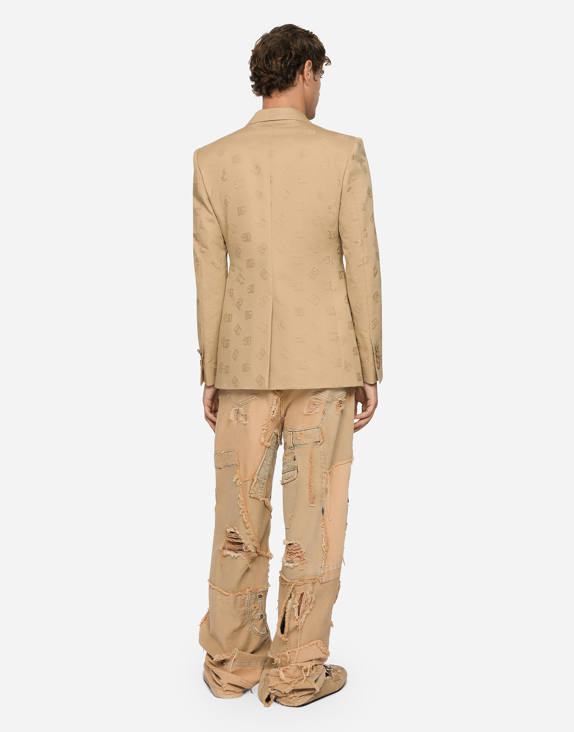 Shop Dolce & Gabbana Tailored Double-breasted Cotton Jacket With Jacquard Dg Details In Beige
