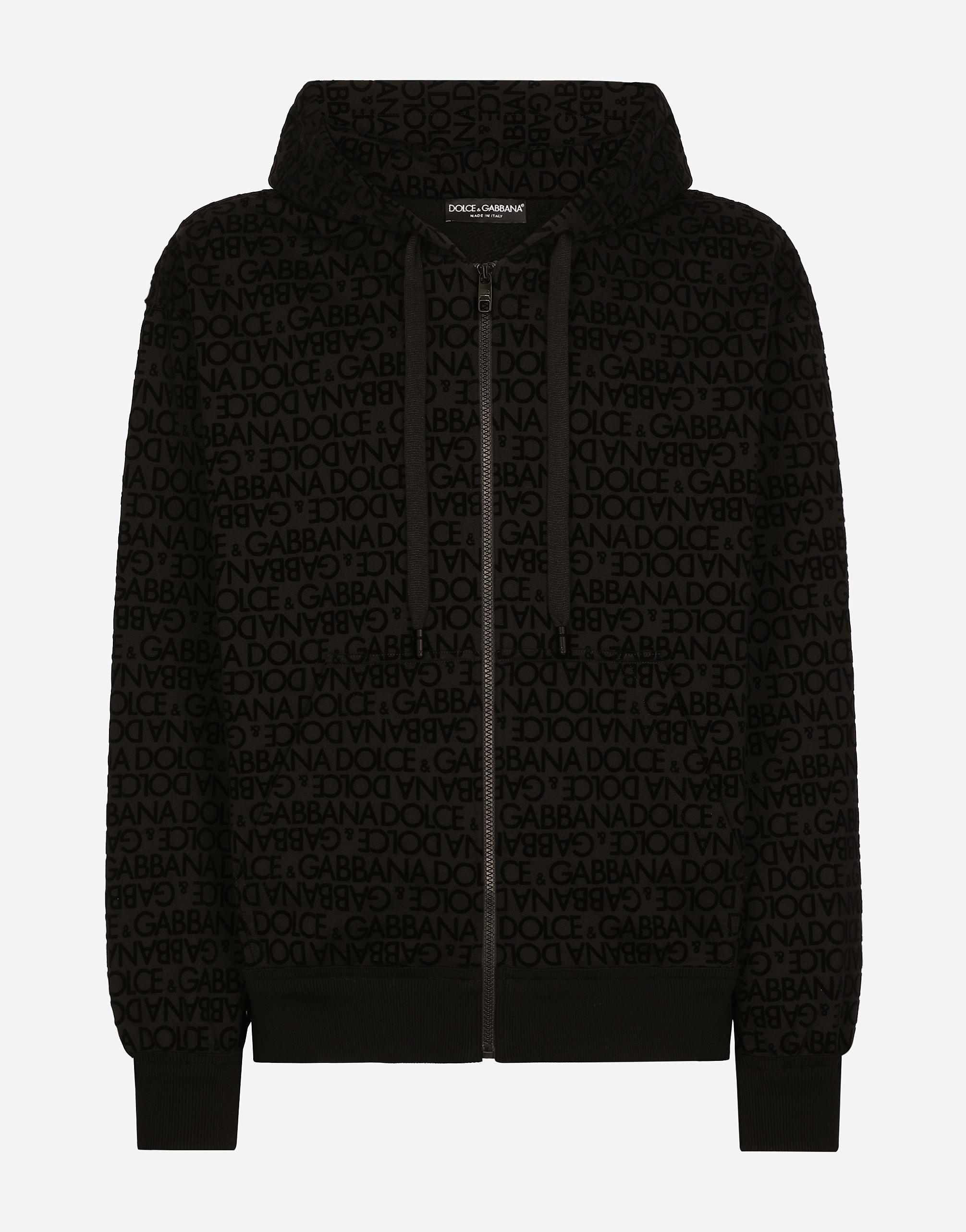 DOLCE & GABBANA JERSEY ZIP-UP HOODIE WITH FLOCKED LOGO