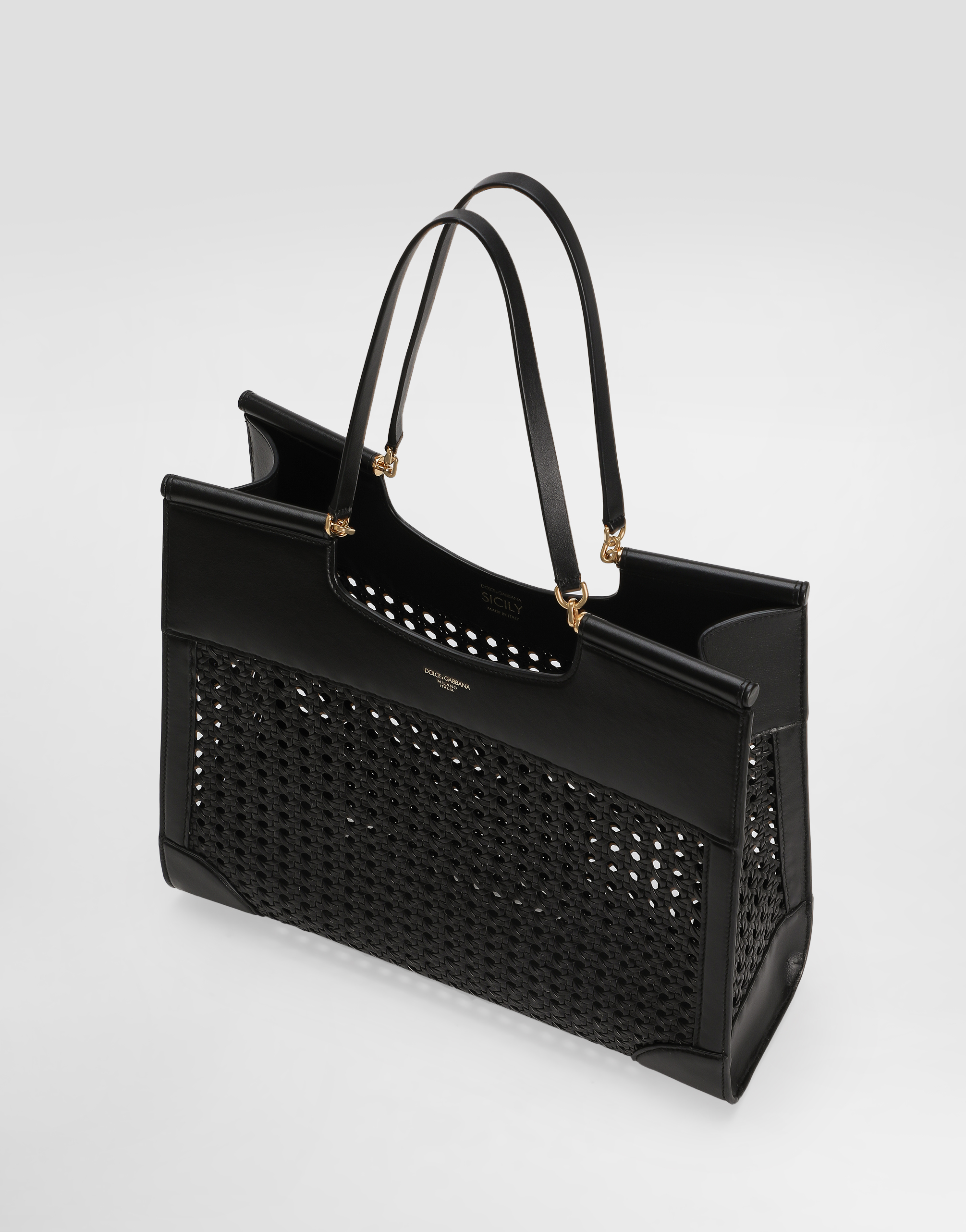 Dolce & Gabbana Shopping Sicily In Straw And Calfskin Weave In Black
