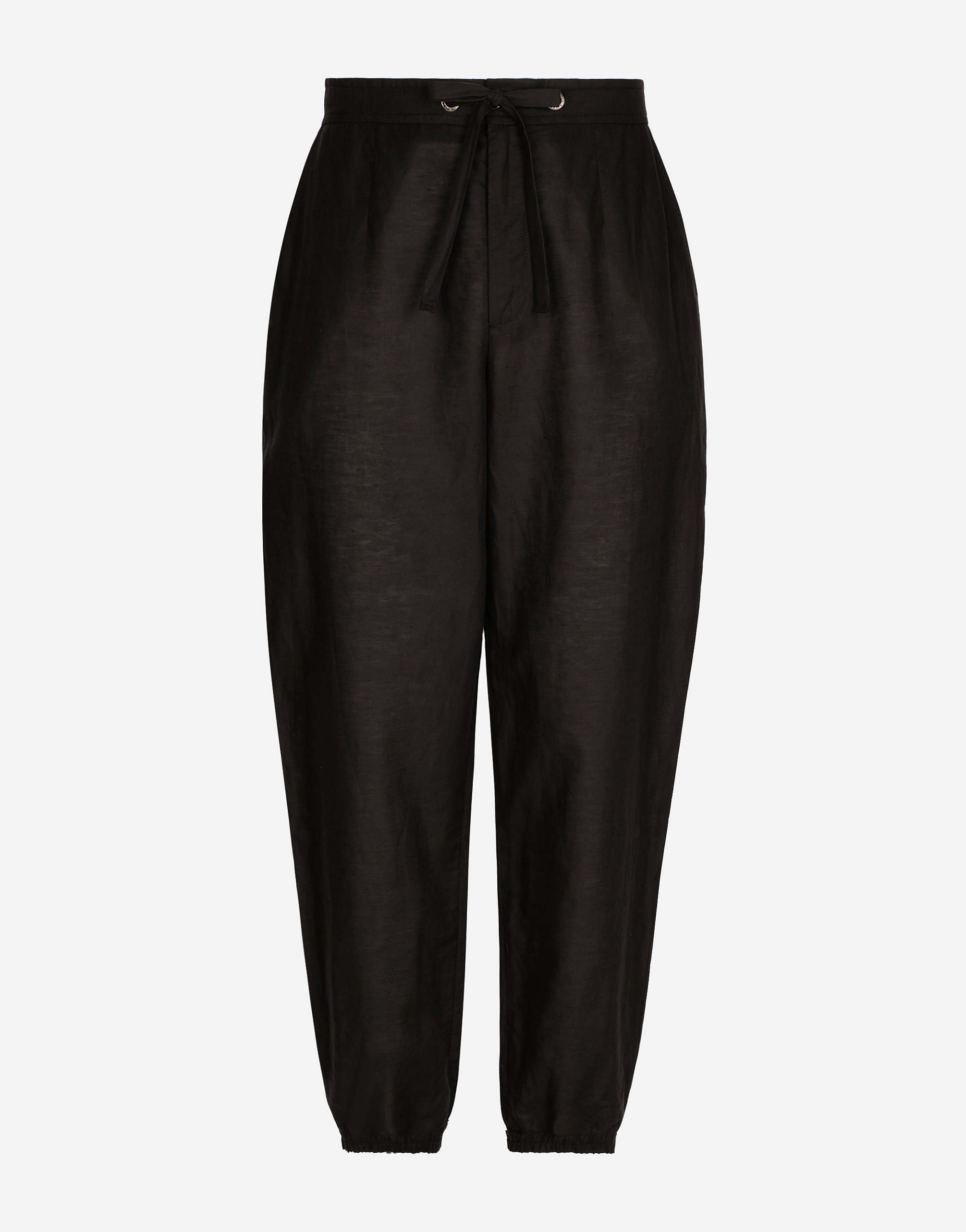 Dolce & Gabbana Linen And Cotton Jogging Trousers With Logo Label In Black