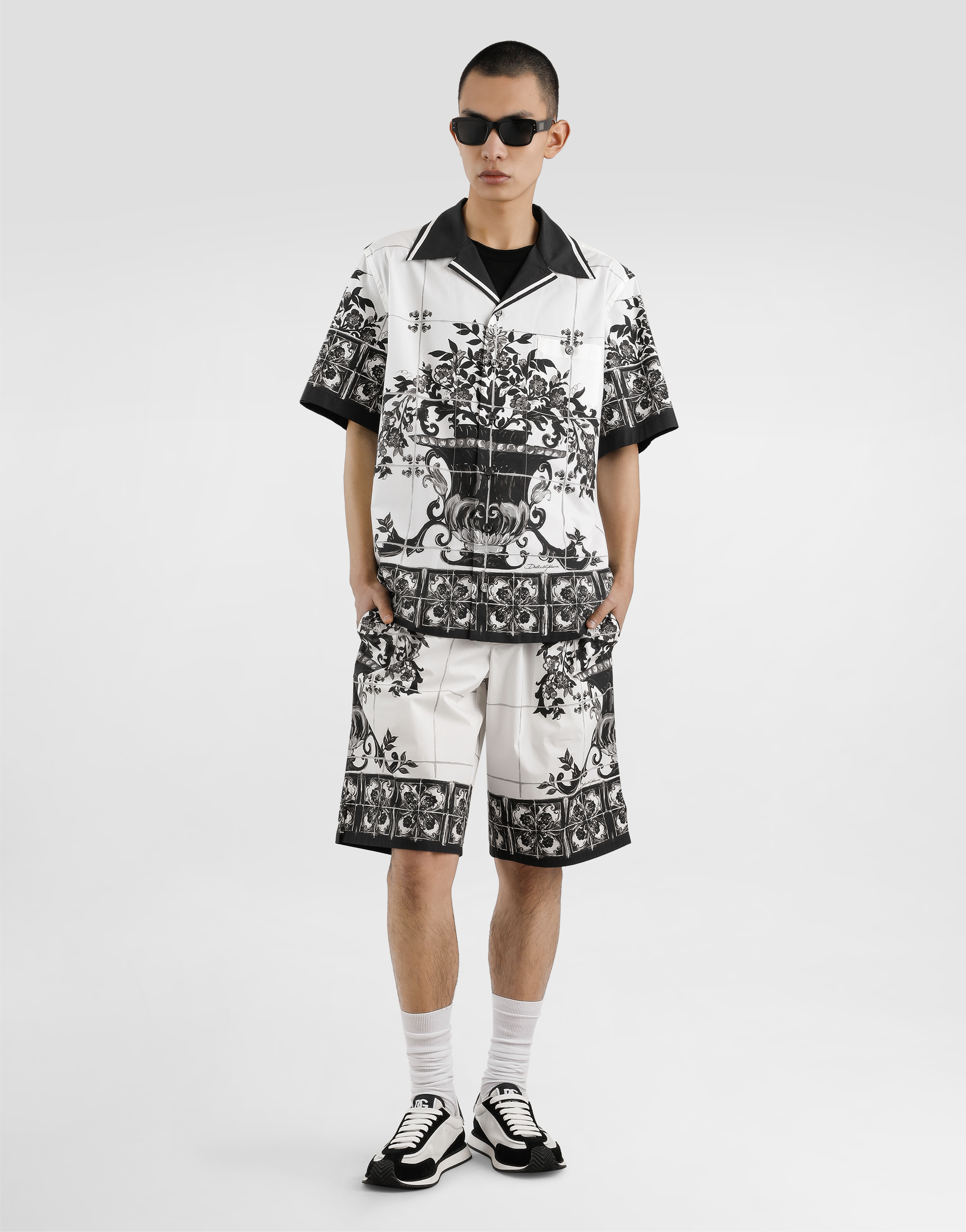 Majolica-print poplin trousers