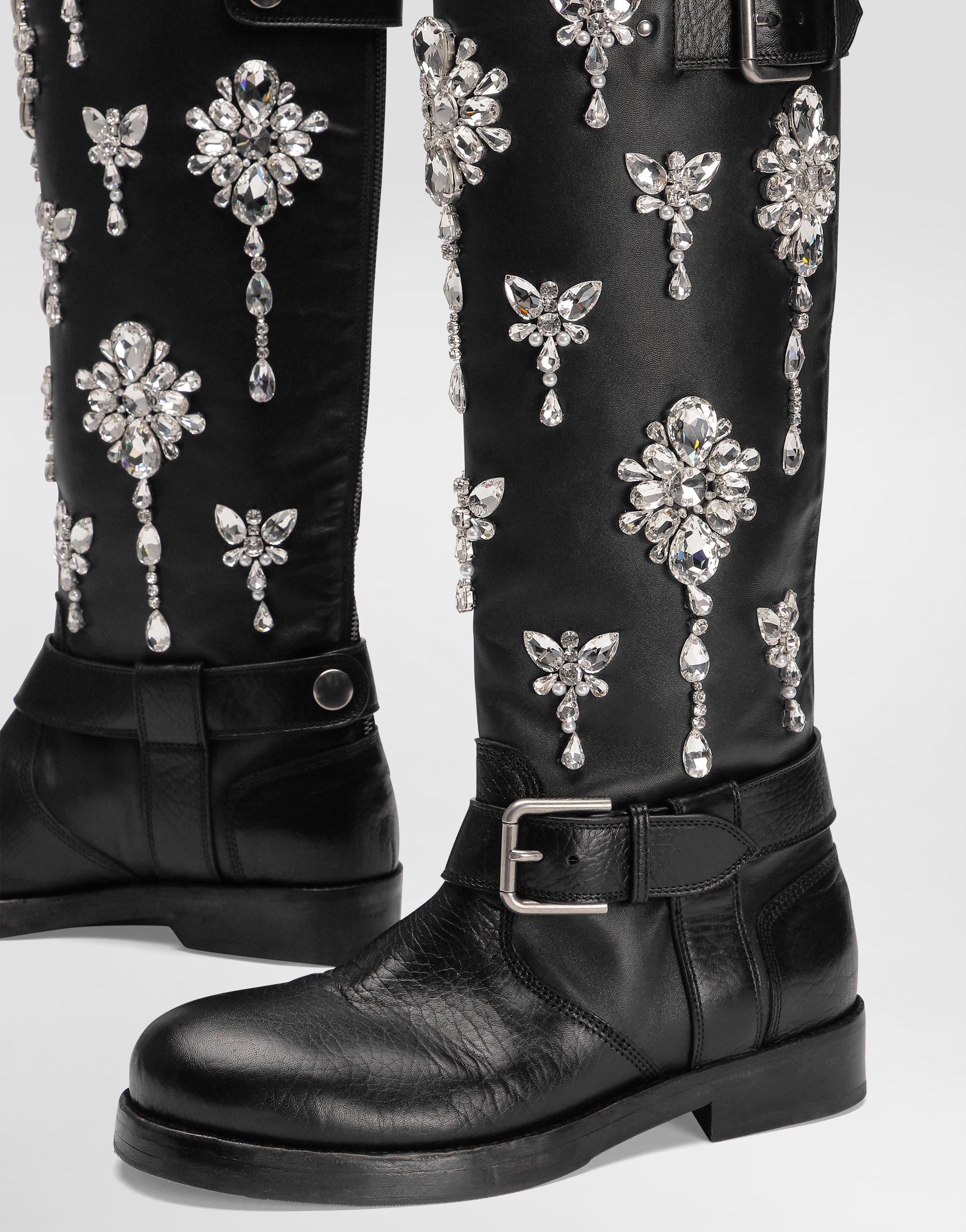 Dolce & Gabbana Horse Leather Boots With Crystal Embroidery In Black