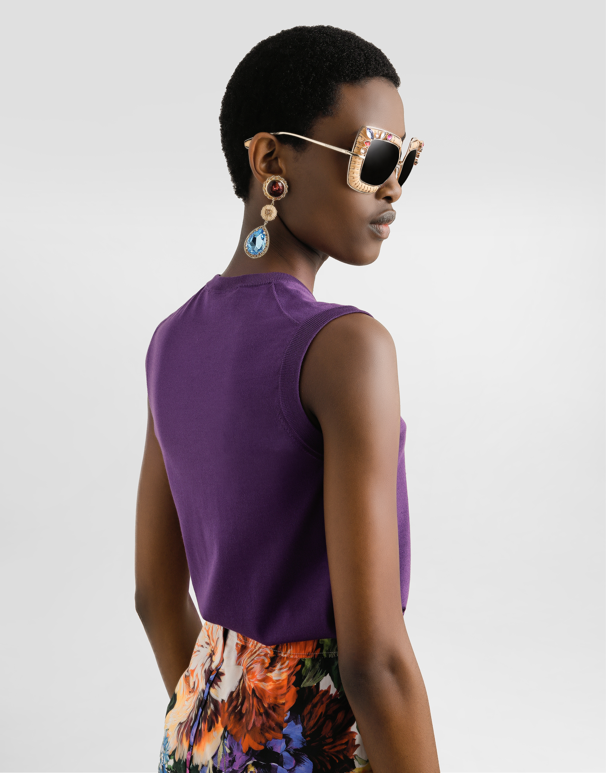 Dolce & Gabbana Silk Tank Top With Flower Brooch In Purple