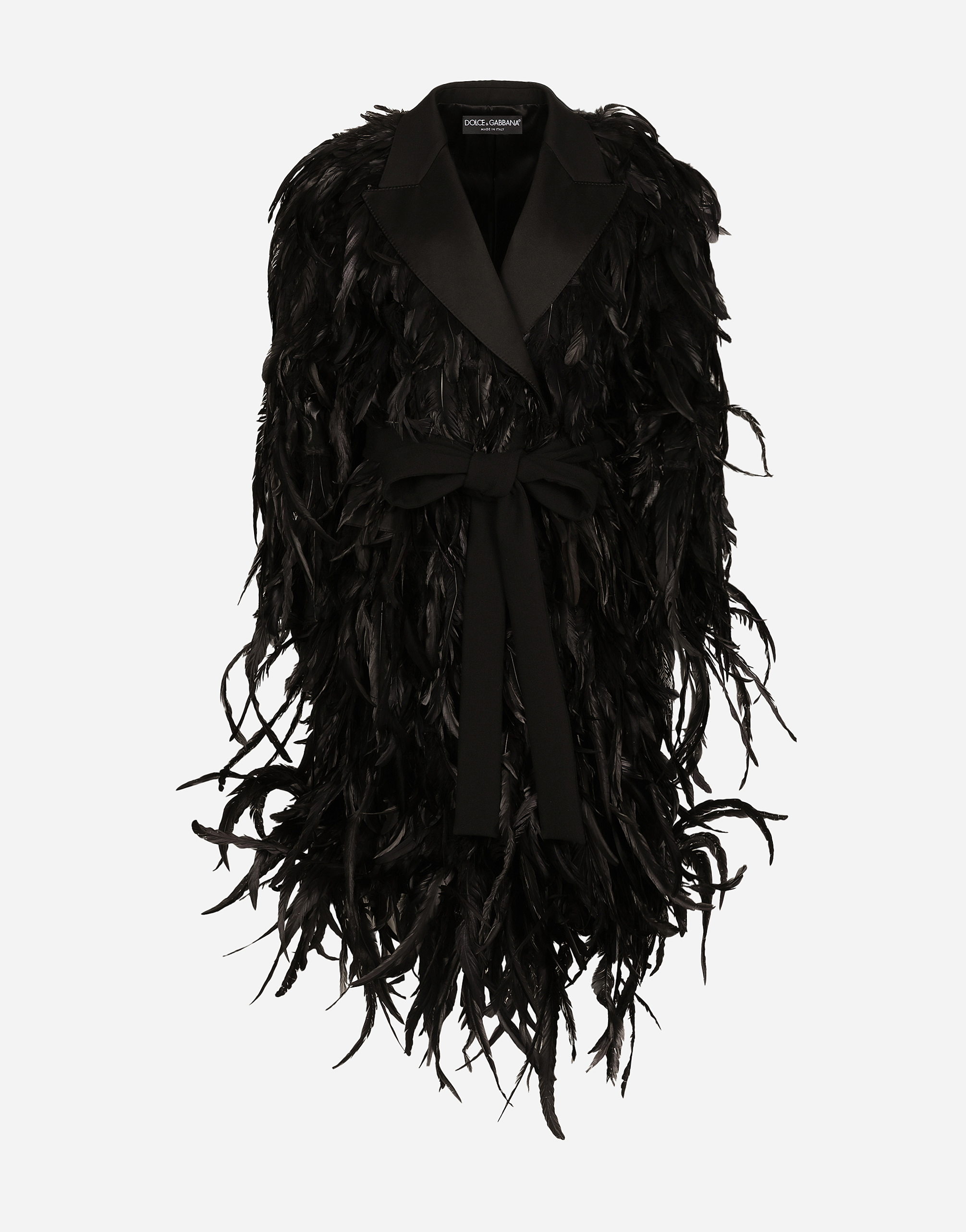 Dolce & Gabbana Wool Gabardine Coat With All-over Rooster Feather Embellishment - Woman Coats And Jackets Black