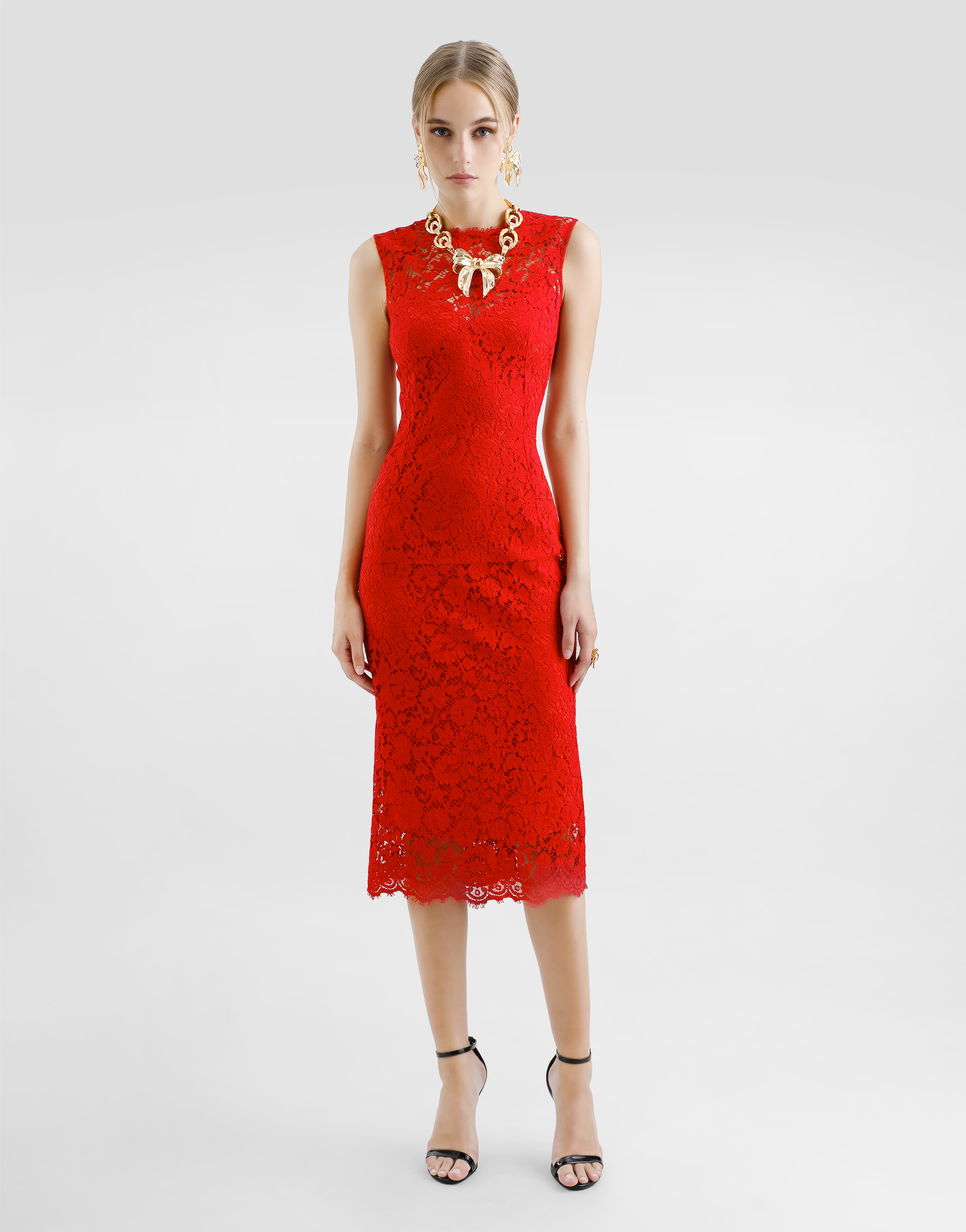 Dolce & Gabbana Calf-length Sheath Dress In Floral Cordonetto Lace In ボルドー