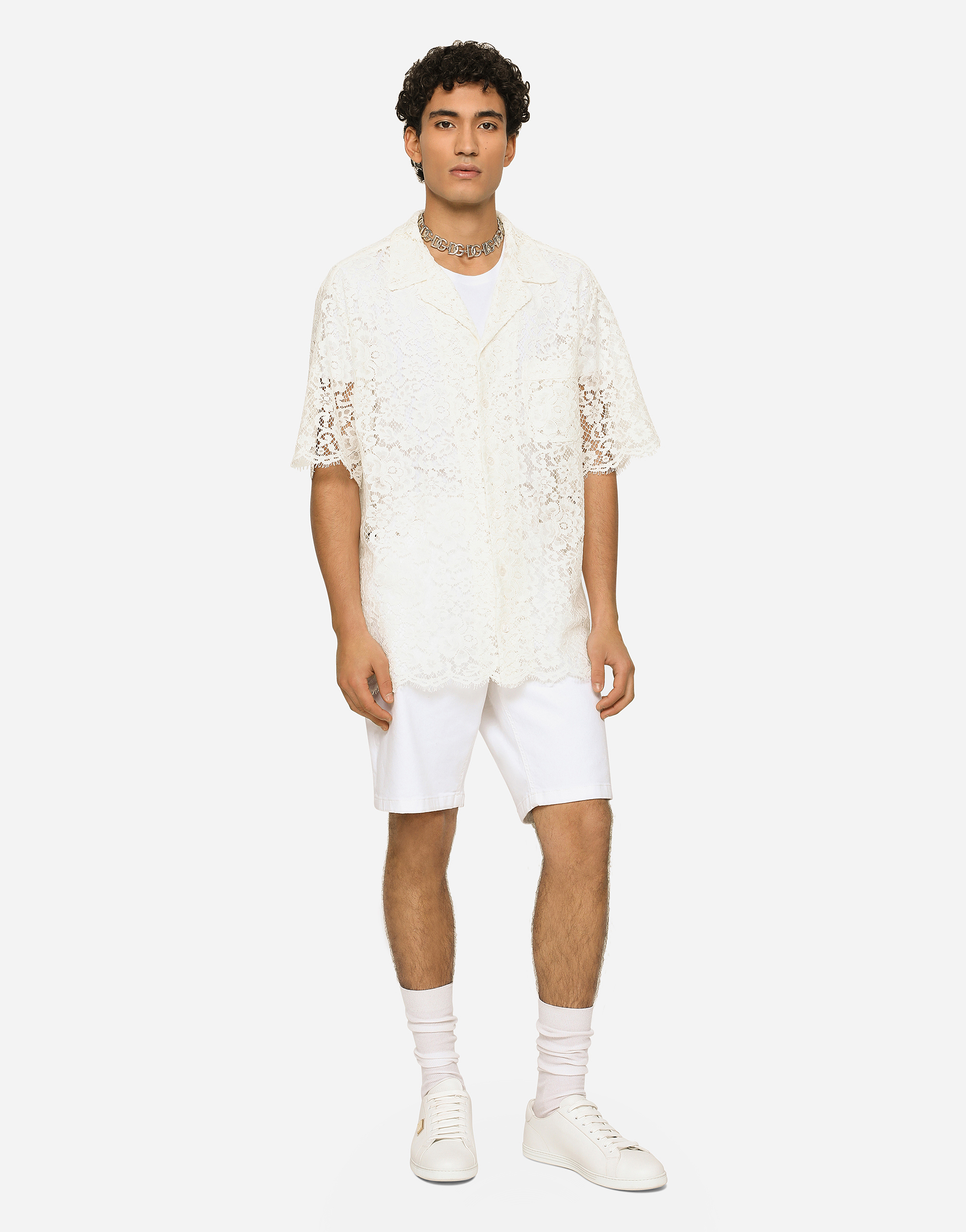 Shop Dolce & Gabbana White Stretch Denim Shorts In Multicolor